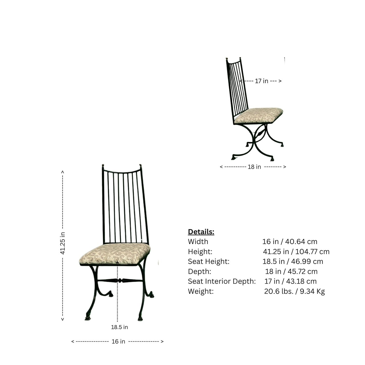 Measurement chart of a chair with dimensions labeled