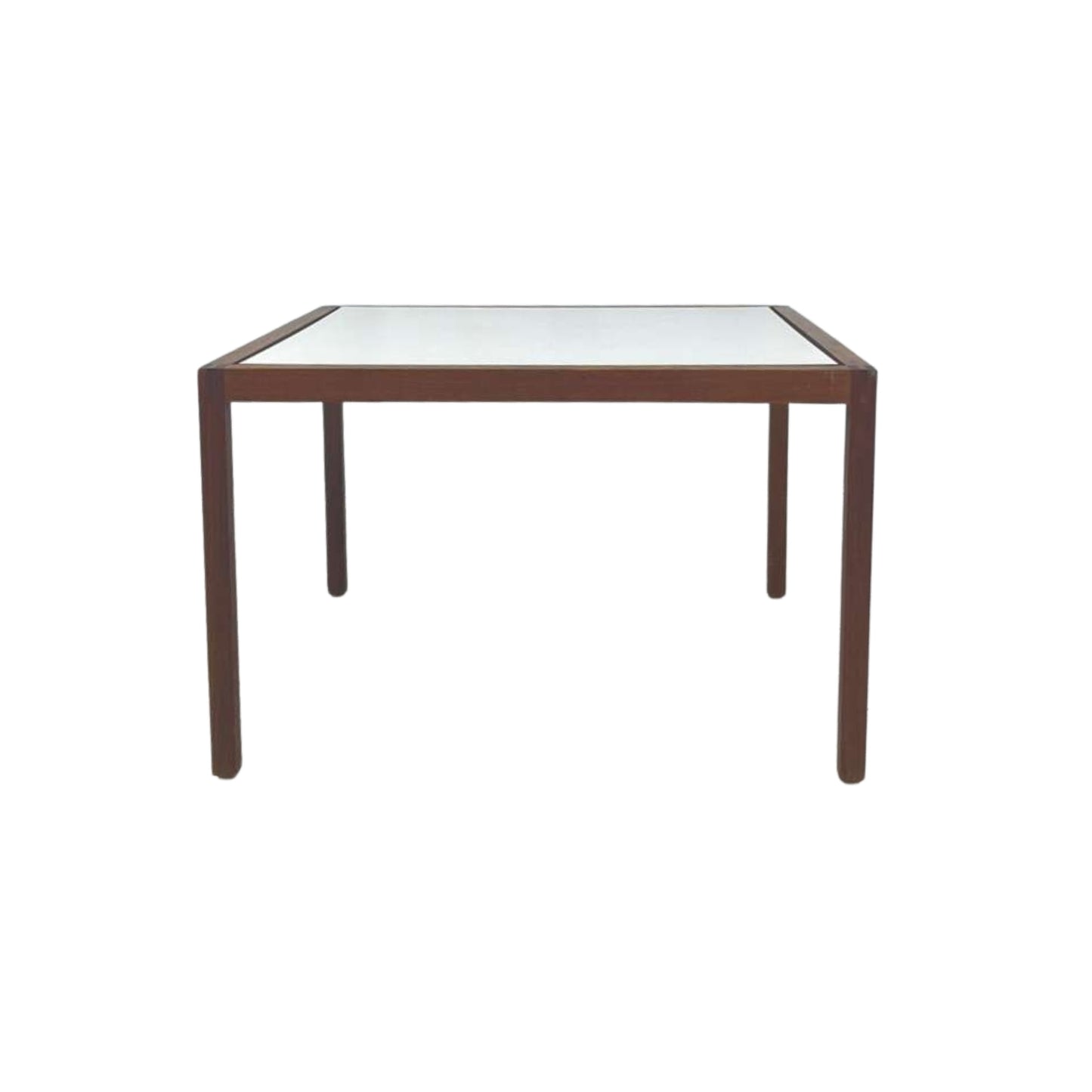Front view walnut Knoll side table with laminate on white background