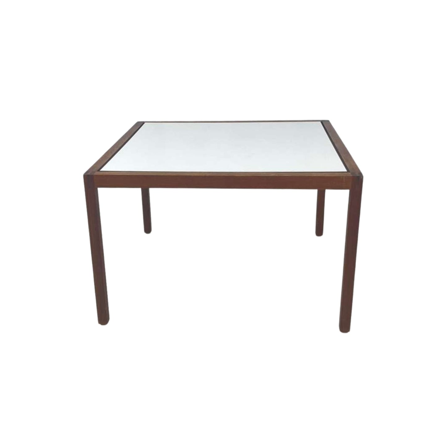 Top view of walnut Knoll side table and laminate on white background