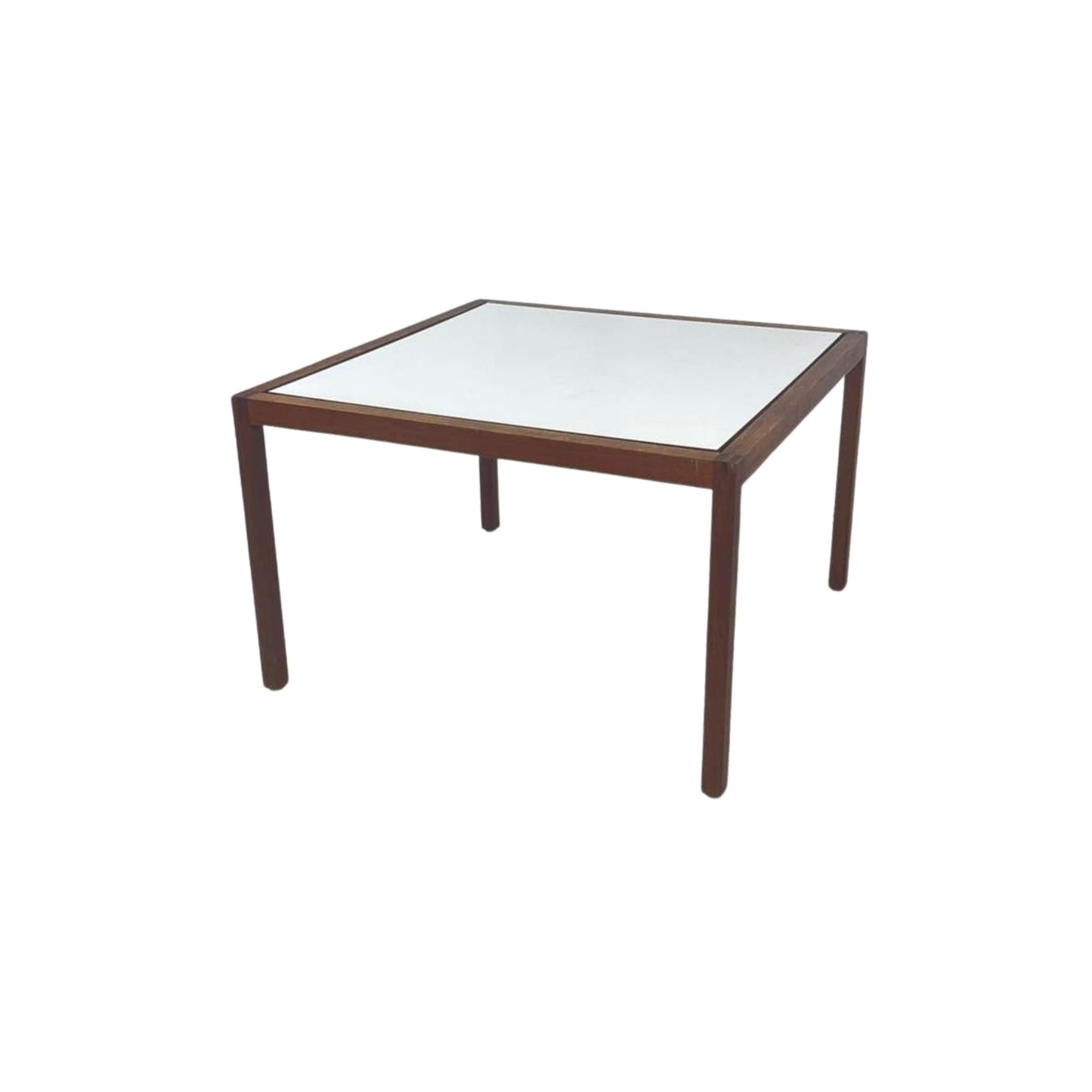 Top view of walnut Knoll side table and laminate on white background