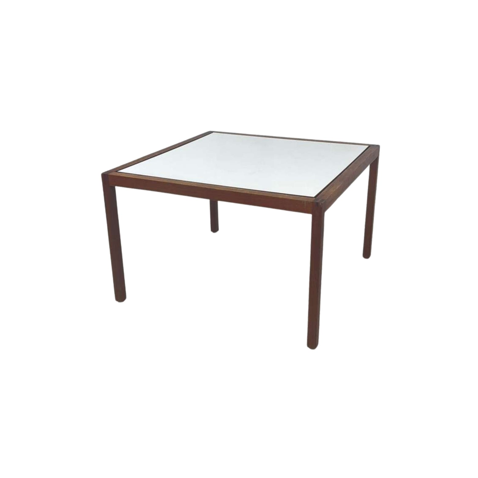 Top view of walnut Knoll side table and laminate on white background