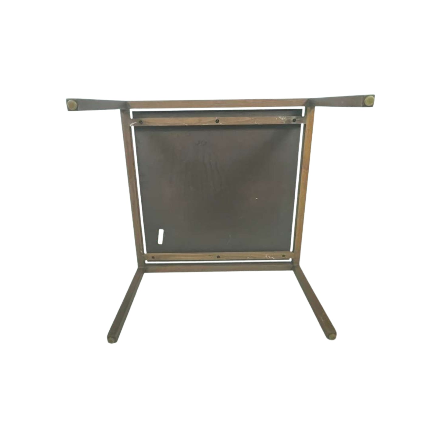 Bottom view of walnut Knoll side table and laminate on white background
