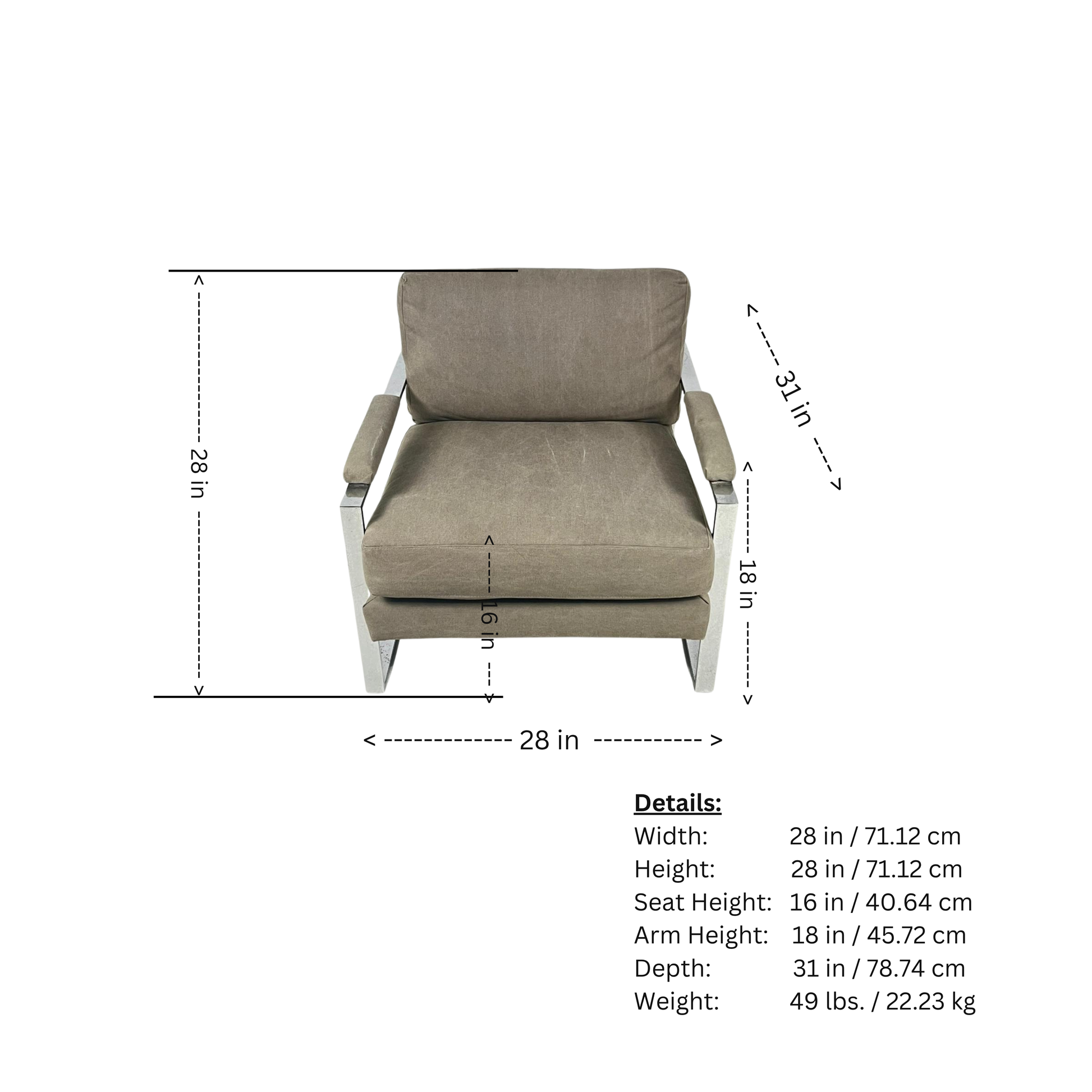 Measurements chart of a Chrome Lounge Chair