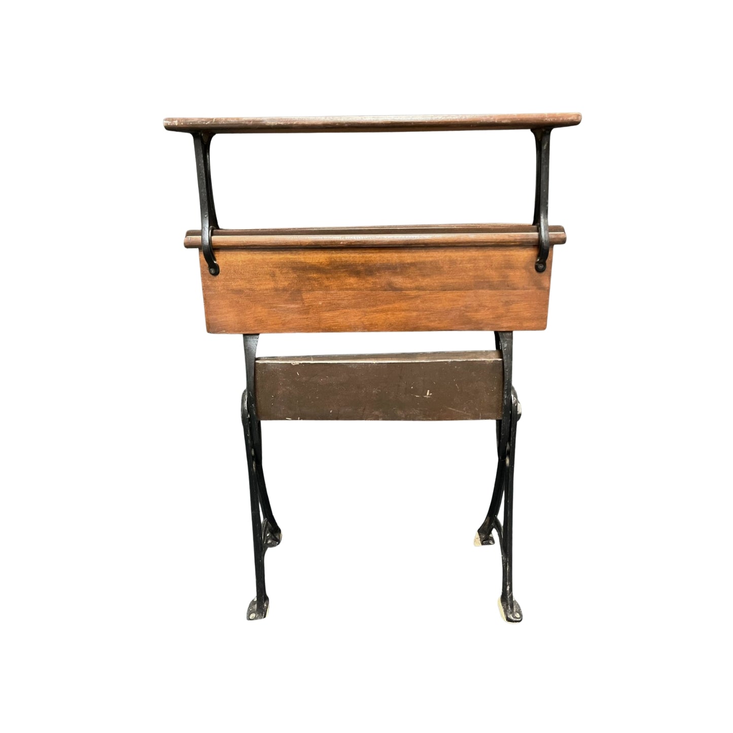 Back view of a vintage wooden child school desk