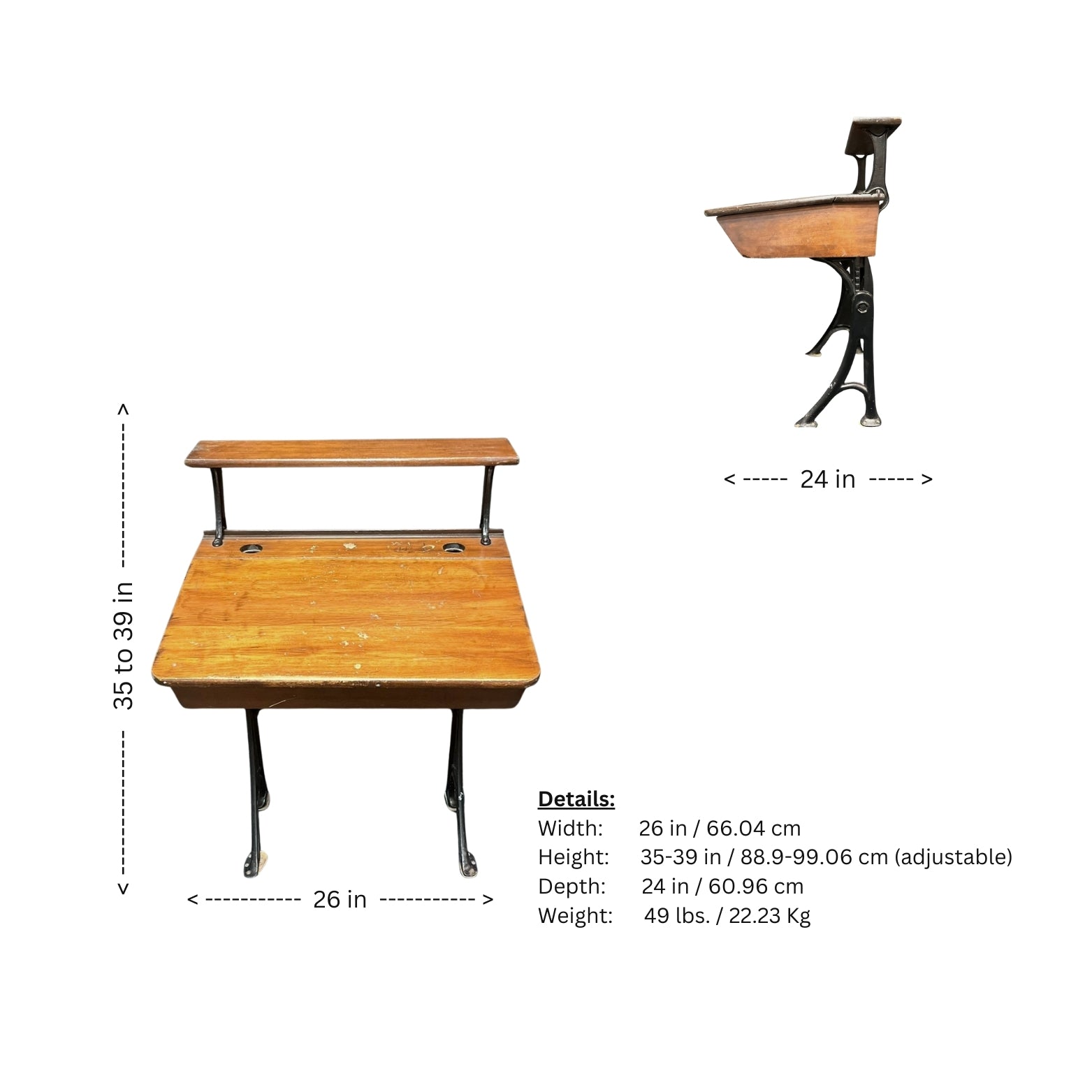 Measurements of a wooden school desk with adjustable height on a white background