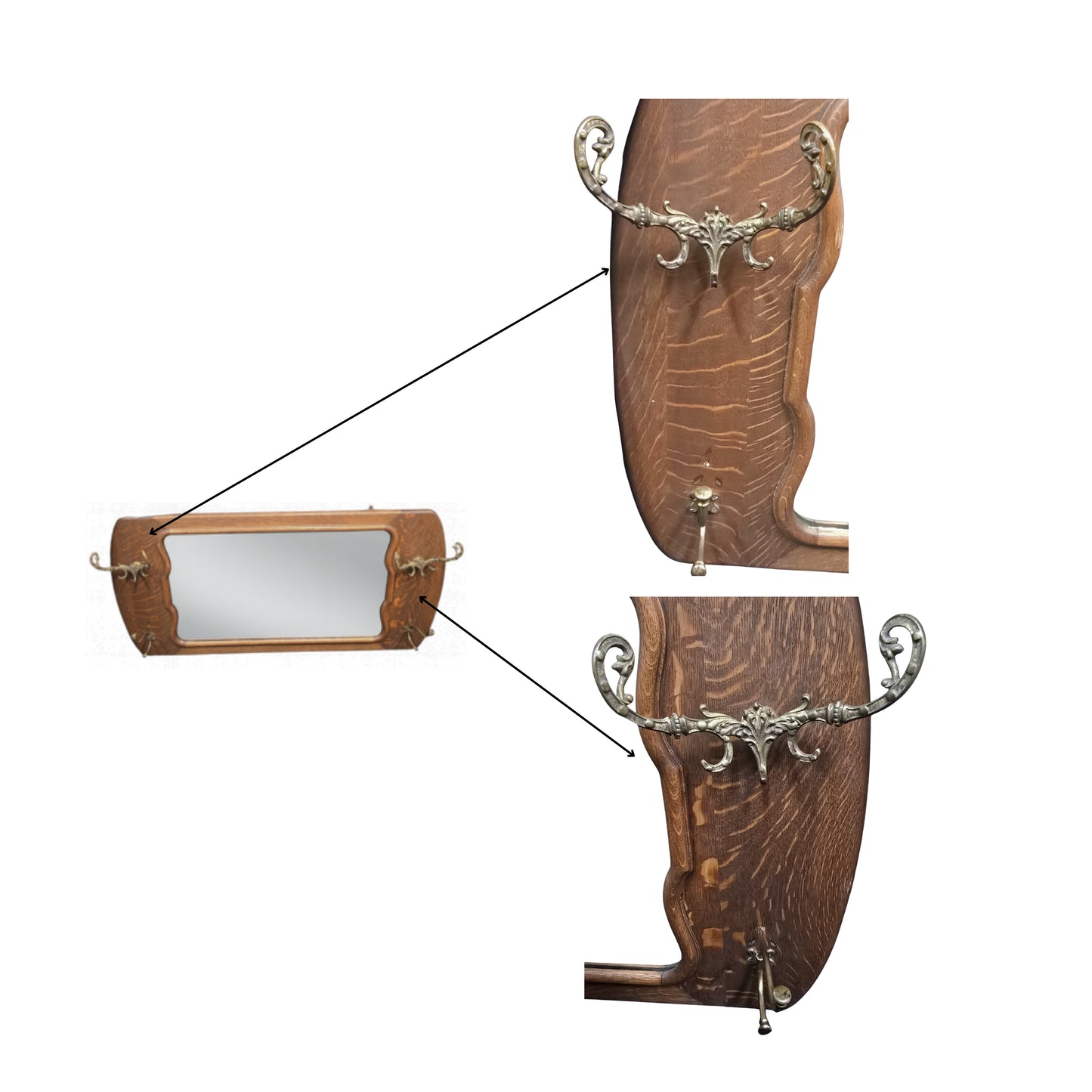 Mirror with a wooden frame and coat hook details on a white background