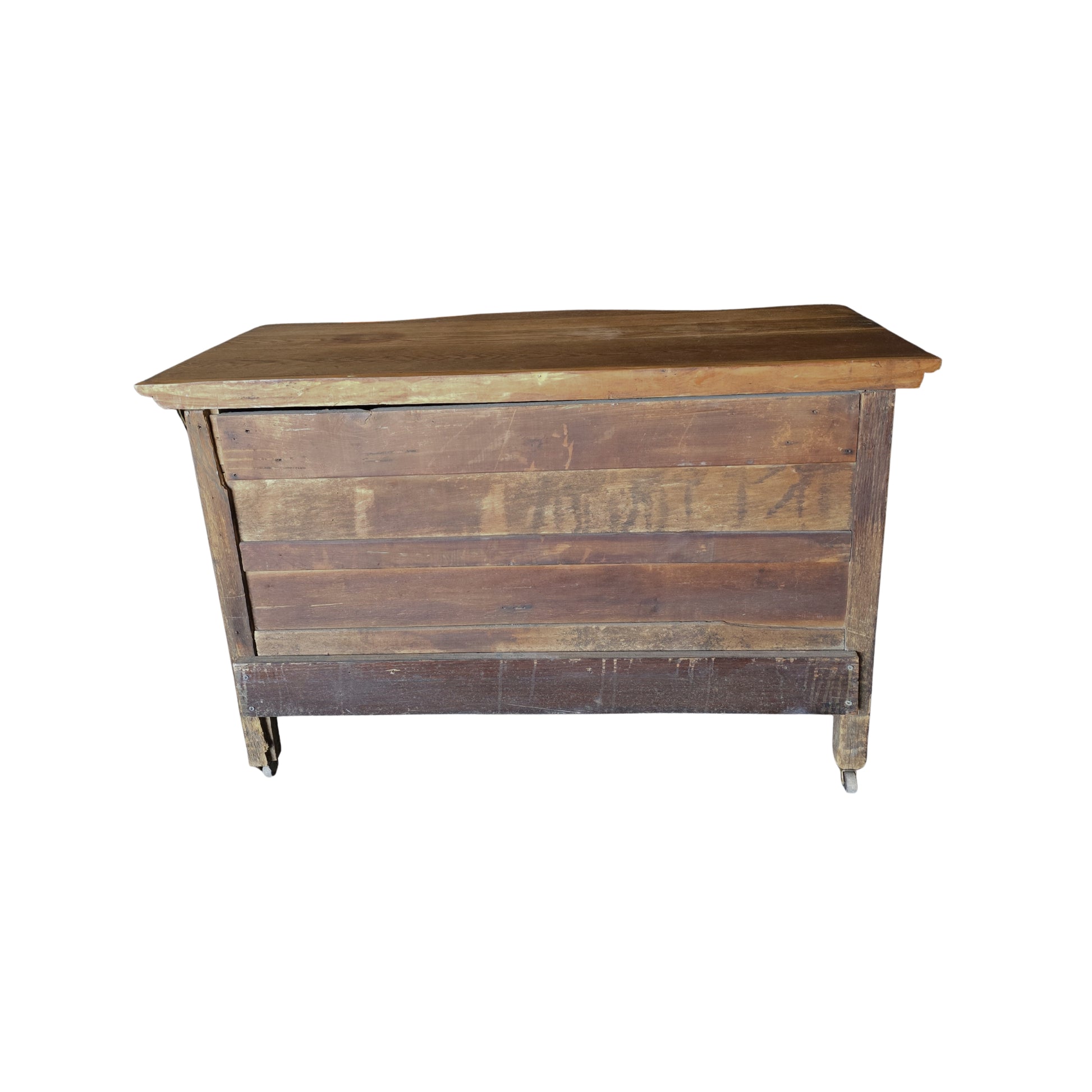Back view of a wooden two-drawer dresser