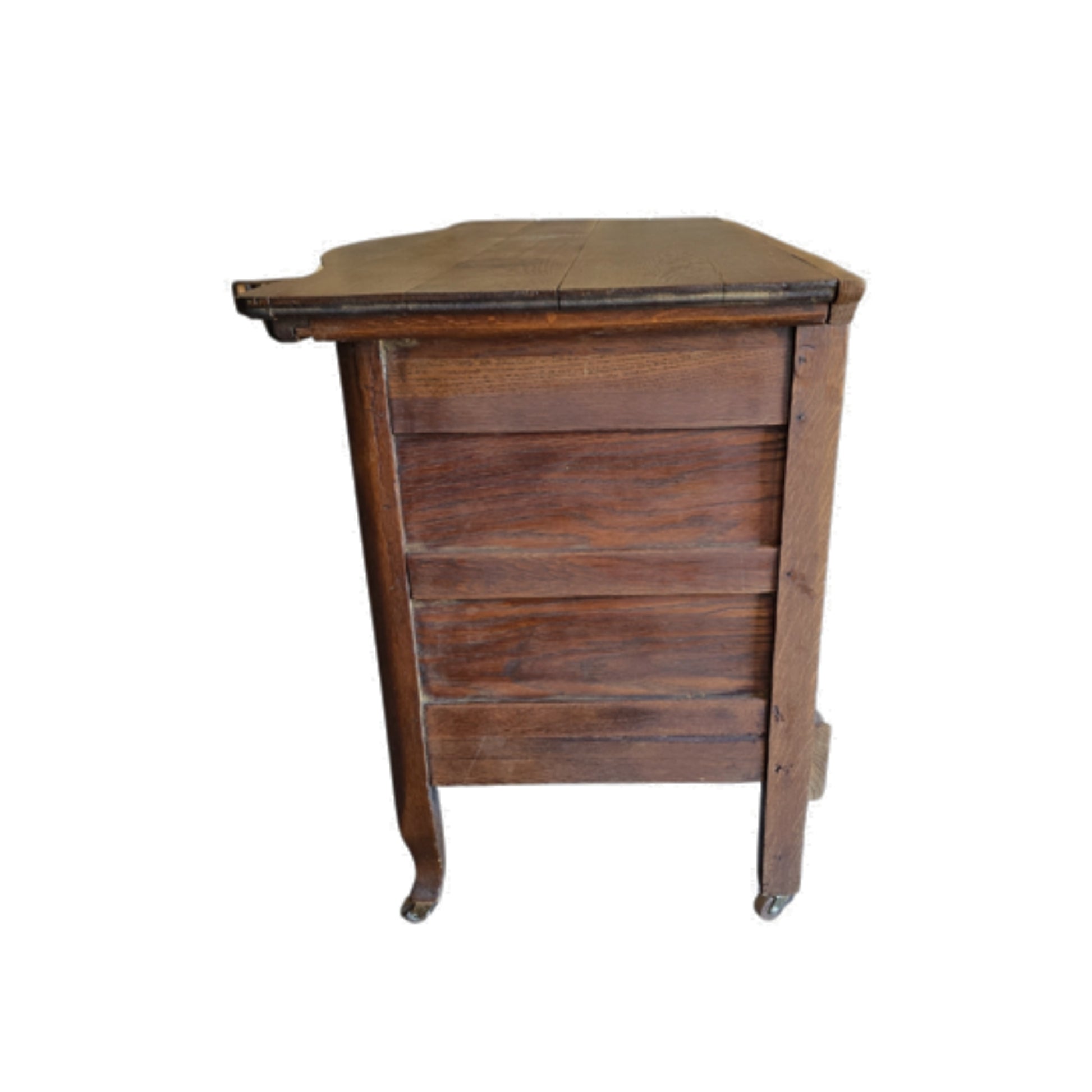 Side view of a wooden dresser with two drawers