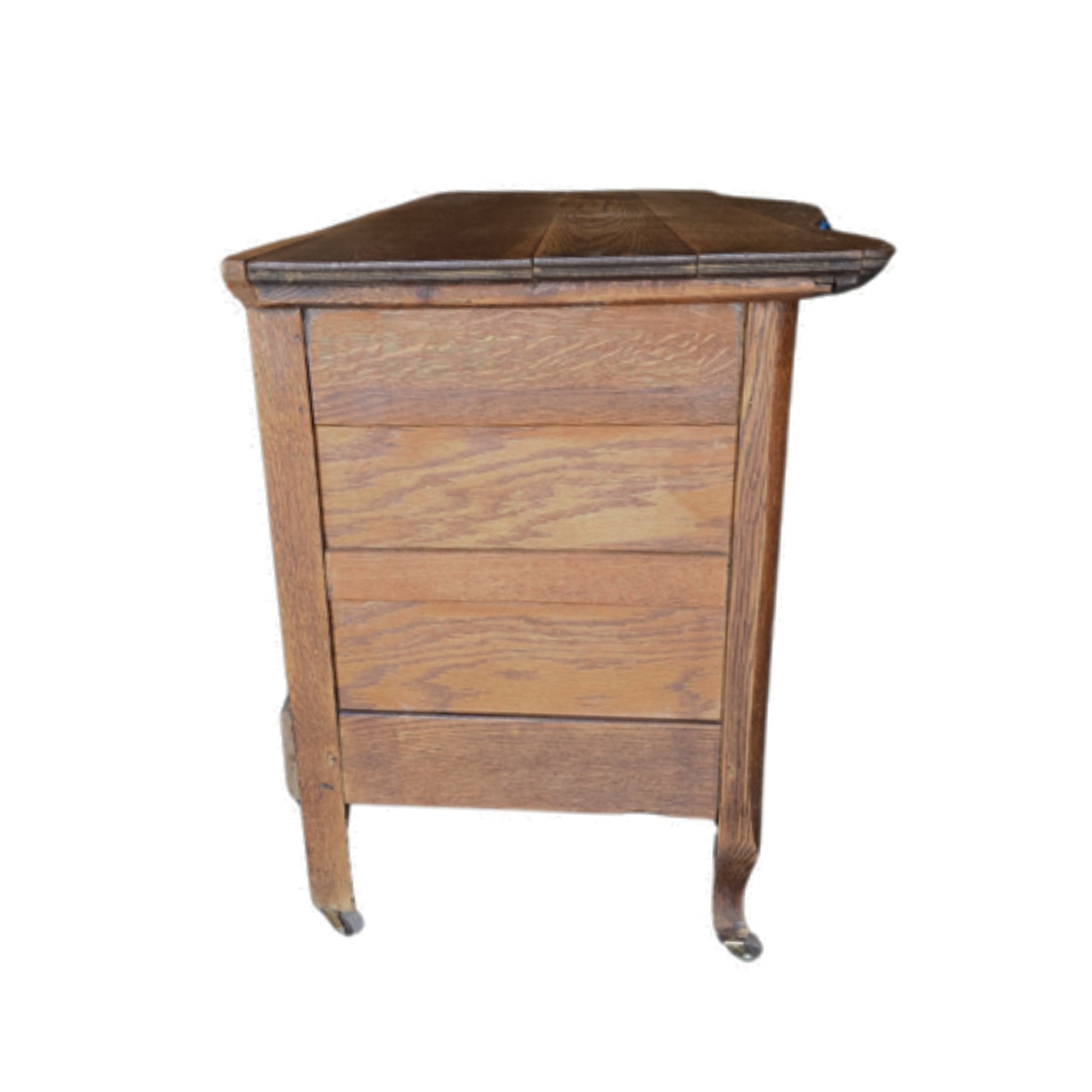 Side view of a wooden dresser with two drawers