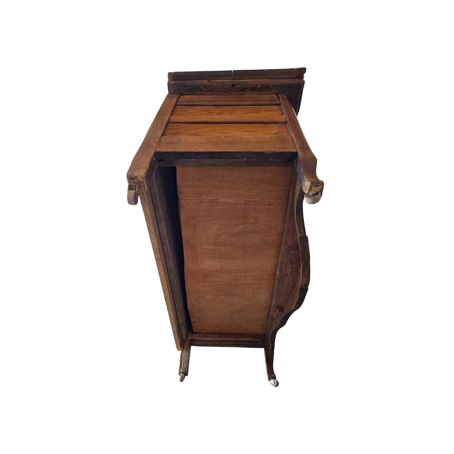 View from the back of a two-drawer wooden dresser