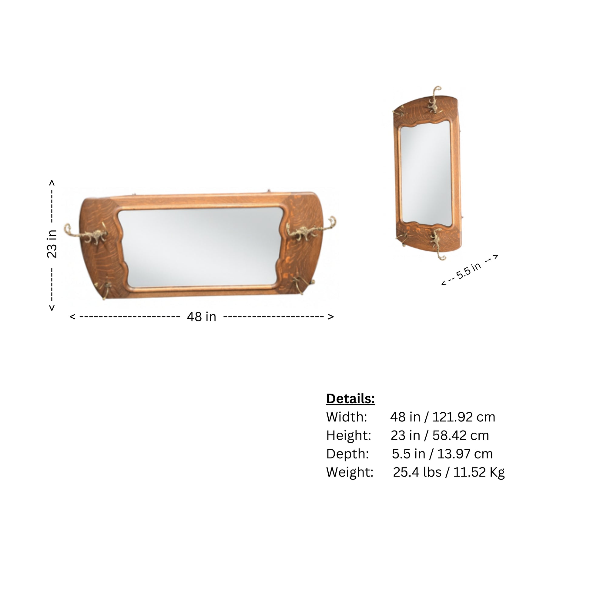 Wooden mirror with dimensions and weight details on a white background
