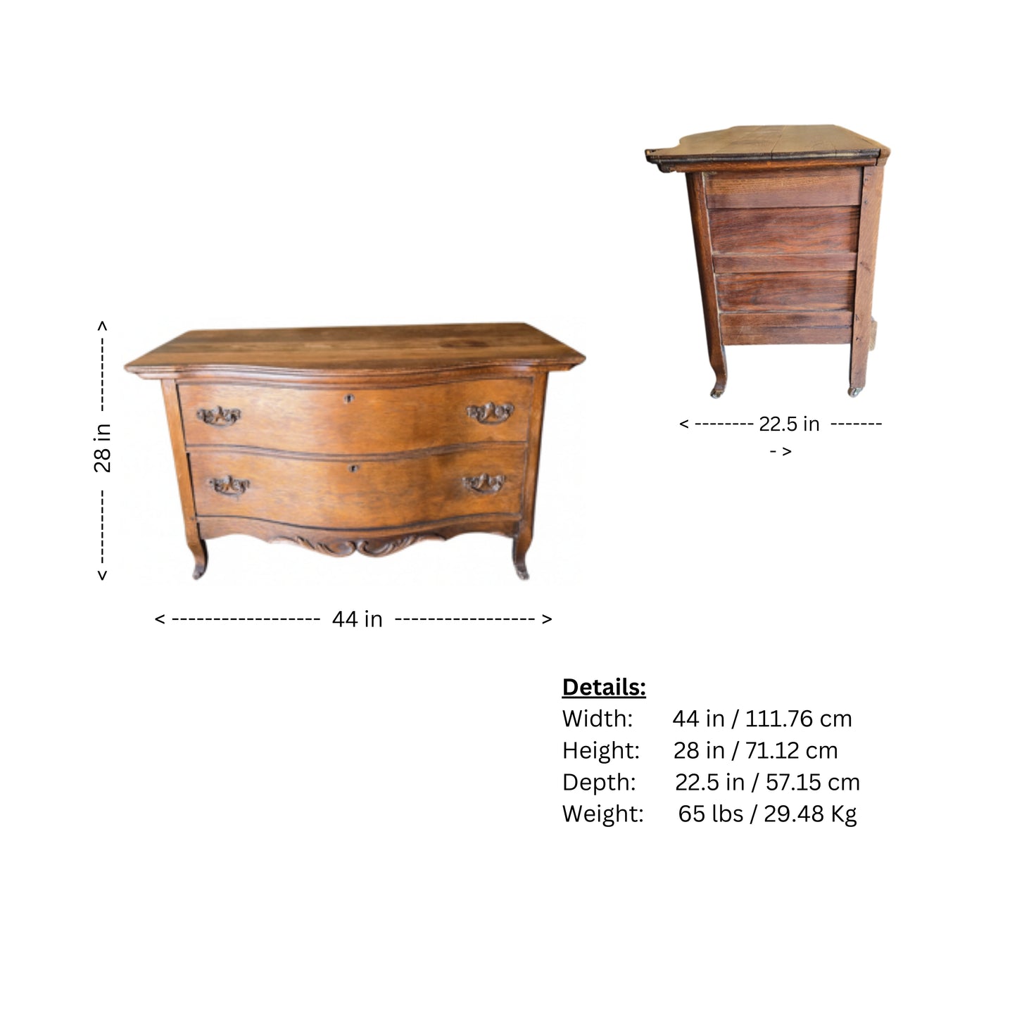 Wooden dresser with dimensions labeled on a white background
