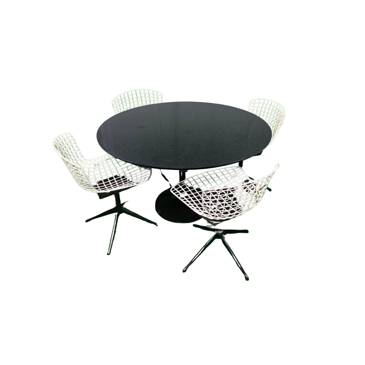 Round black granite table with 4 white wrought iron chairs on a white background