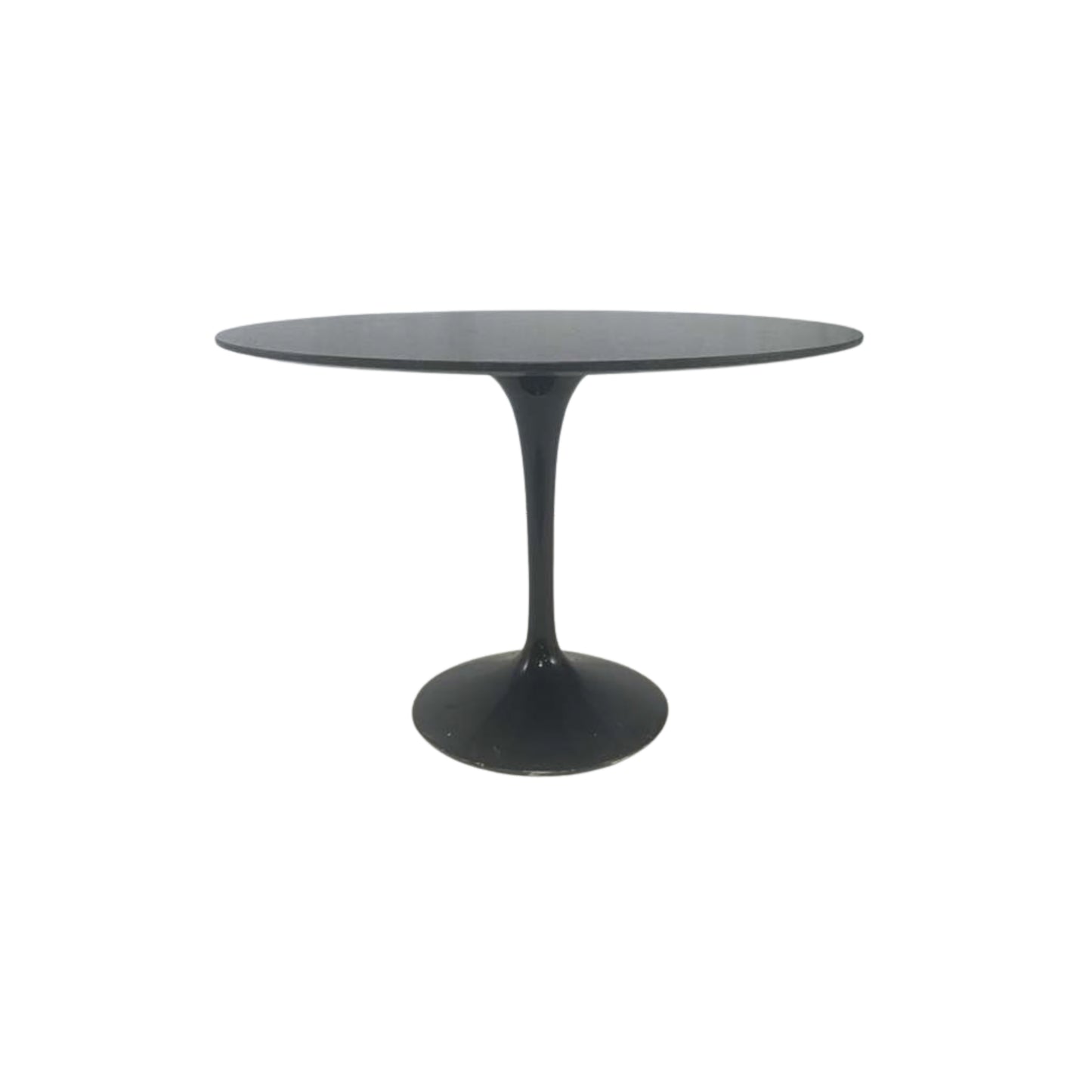 Front view of a black round granite table on a white background