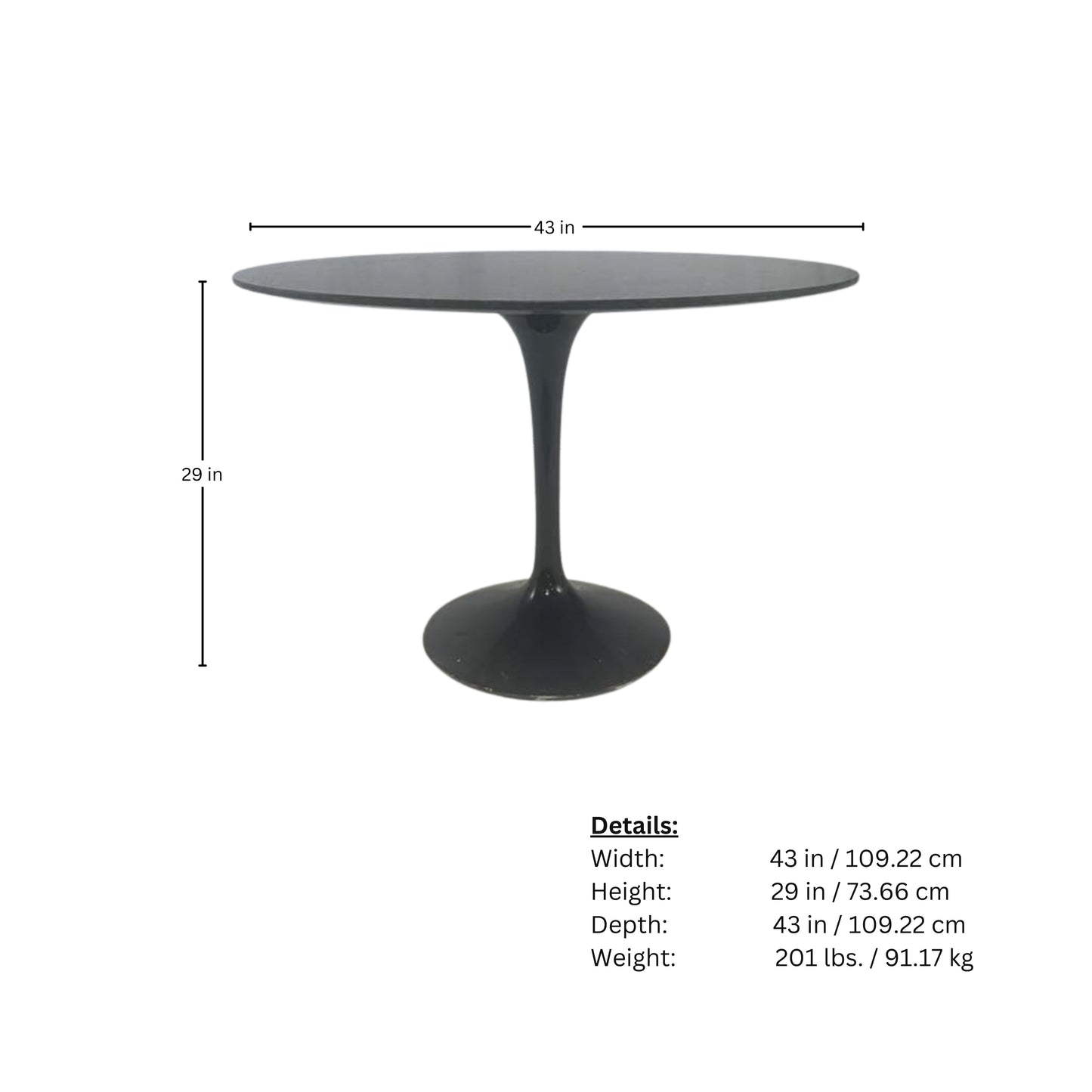 Page of round table measurements of forged granite on a white background
