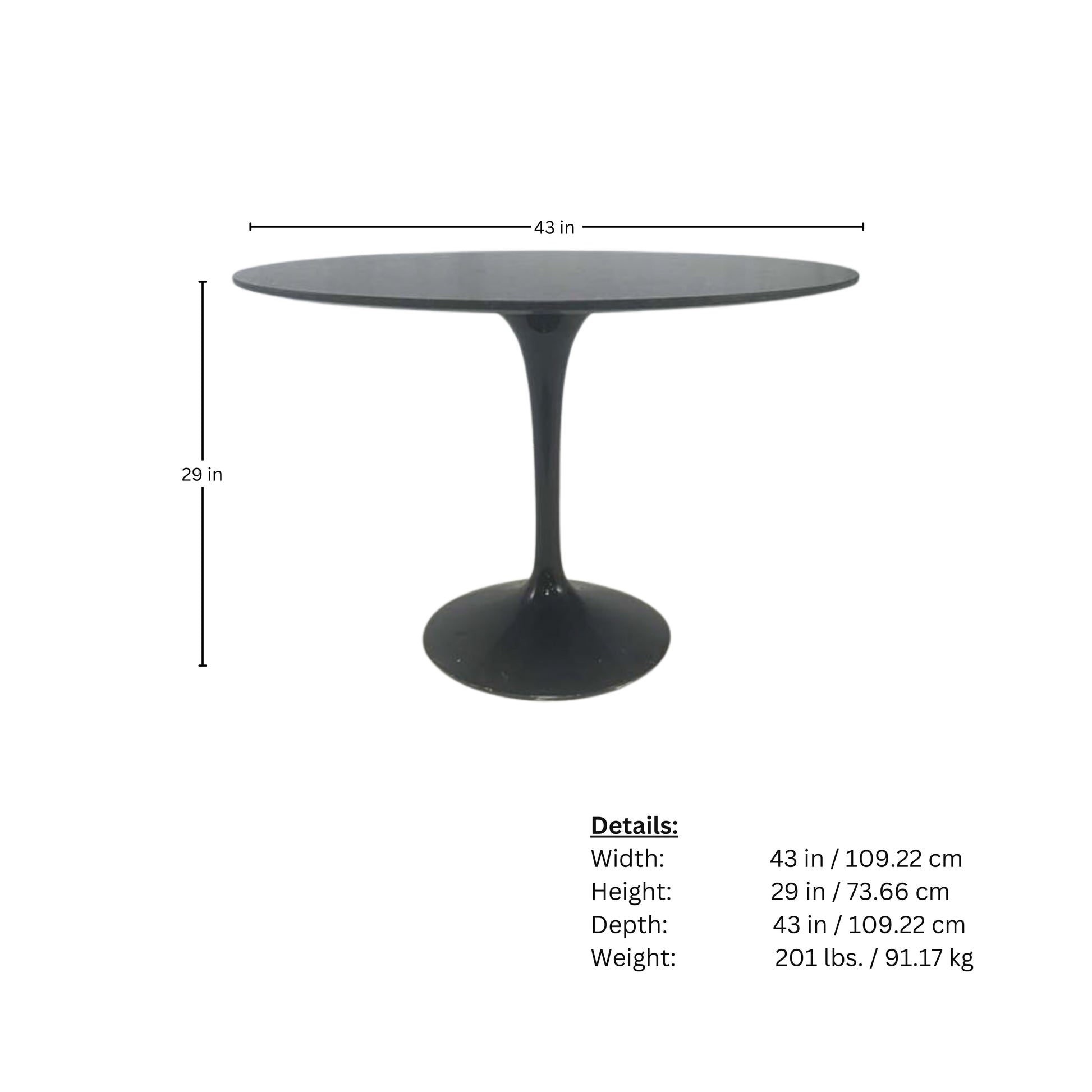 Page of round table measurements of forged granite on a white background