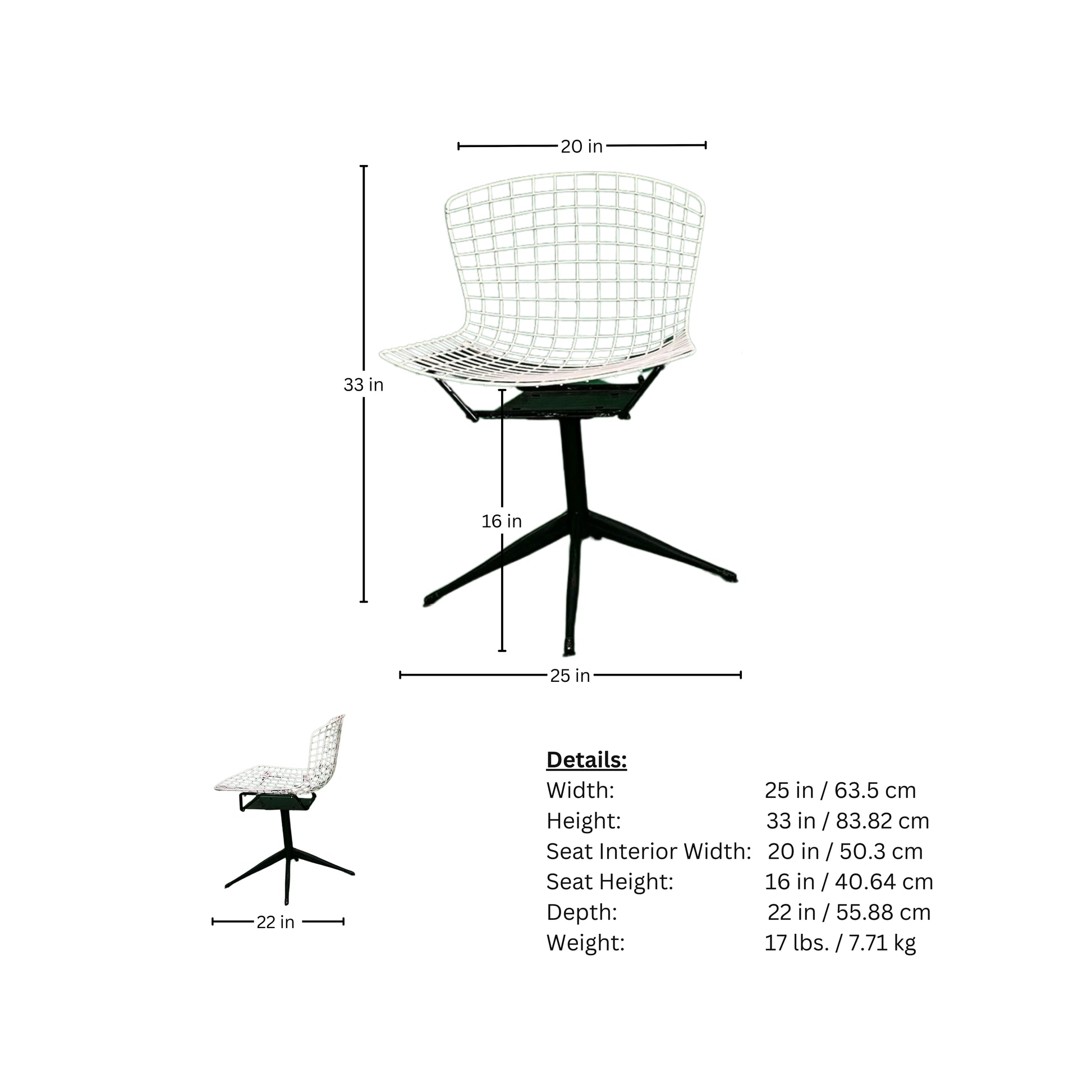 Chair dimensions and specifications on a white background