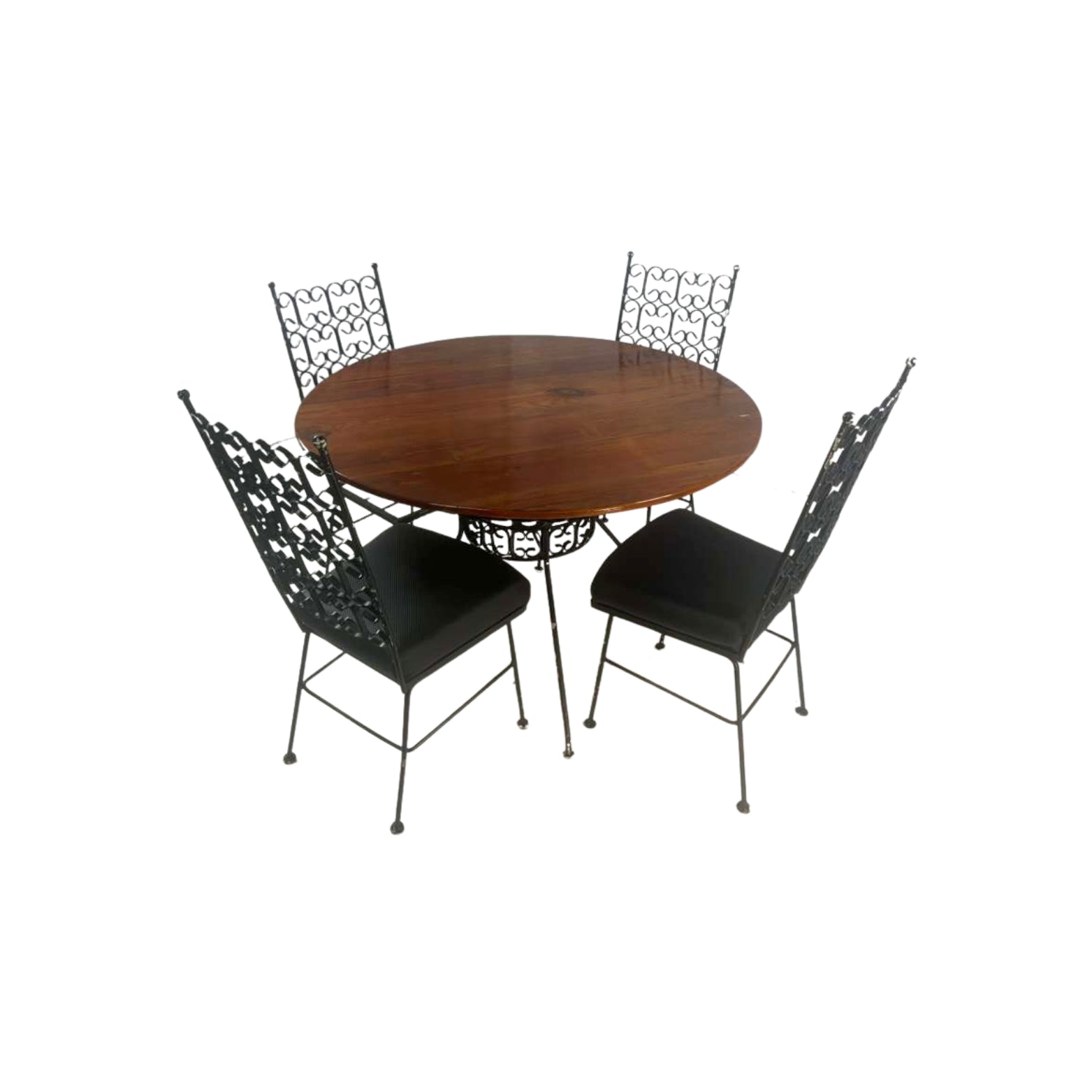 Set of a wooden and wrought iron table with 4 chairs on a white background