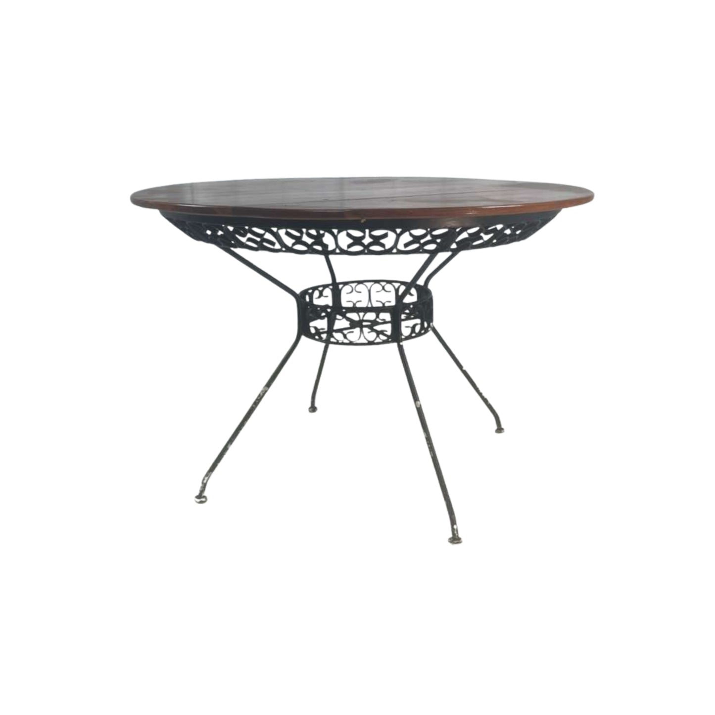 Front view of a wooden and wrought iron table on a white background
