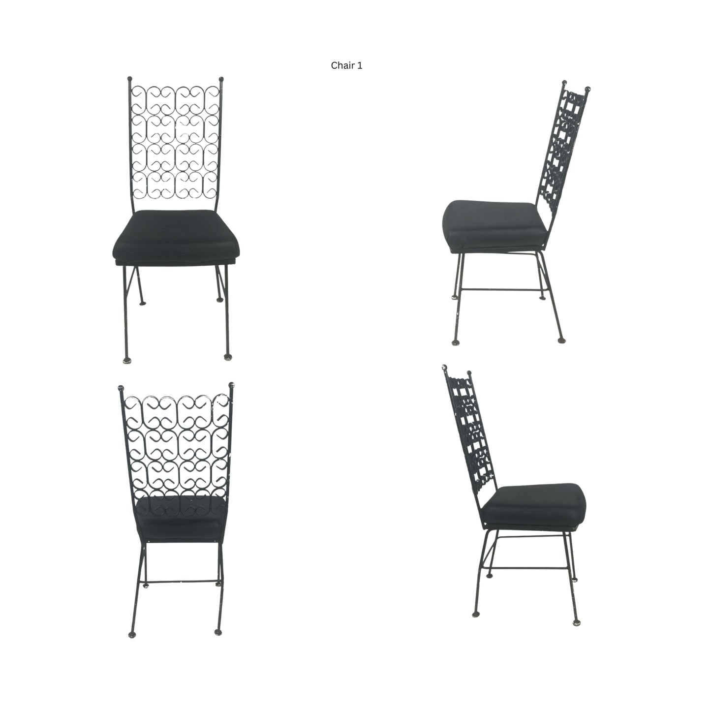 Front view, side and back of a wrought iron chair on a white background