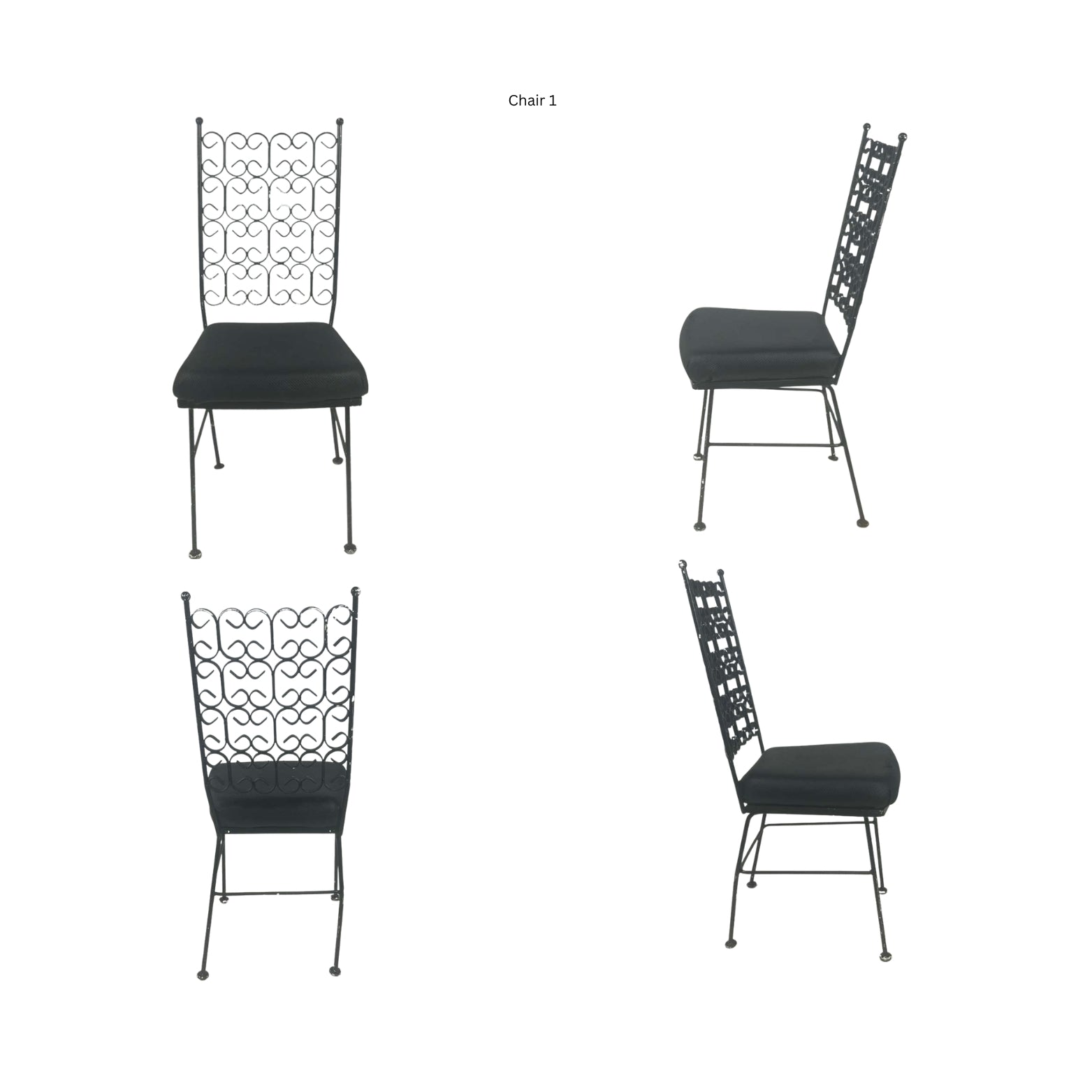 Front view, side and back of a wrought iron chair on a white background