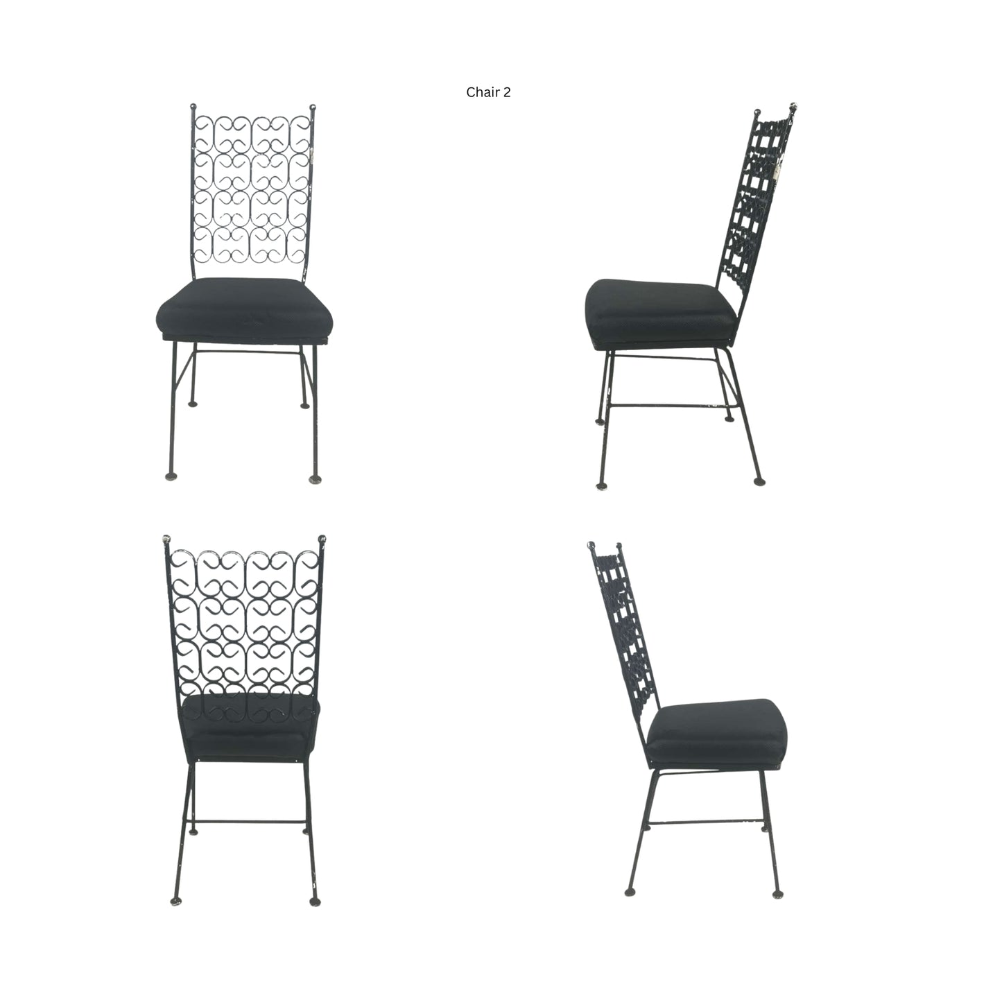 Front view, side and back of a wrought iron chair on a white background