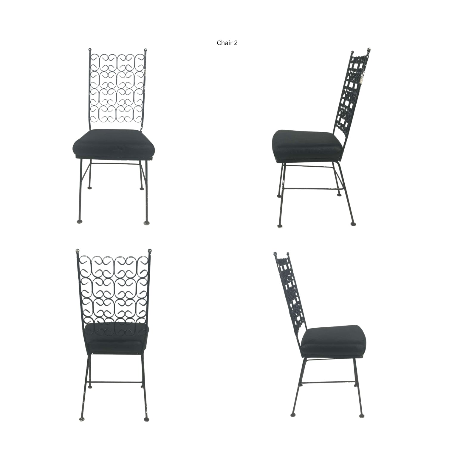 Front view, side and back of a wrought iron chair on a white background