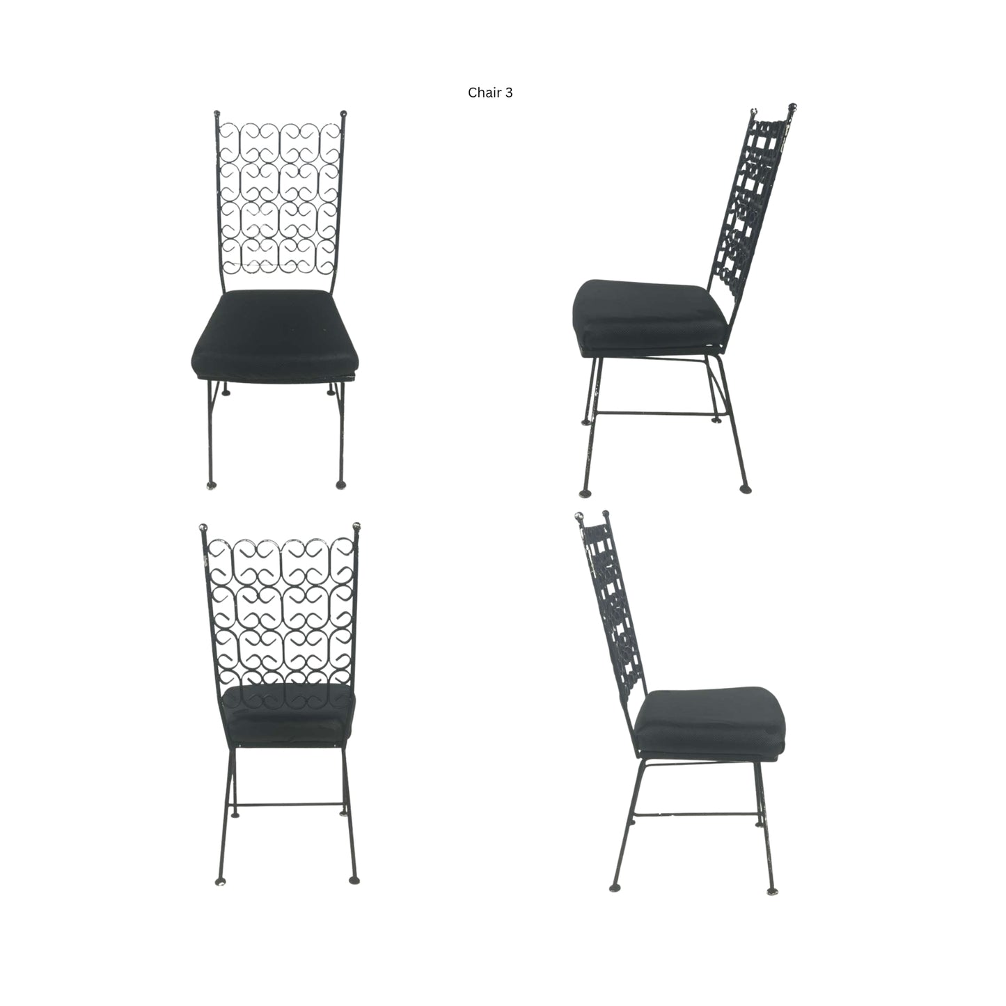 Front view, side and back of a wrought iron chair on a white background