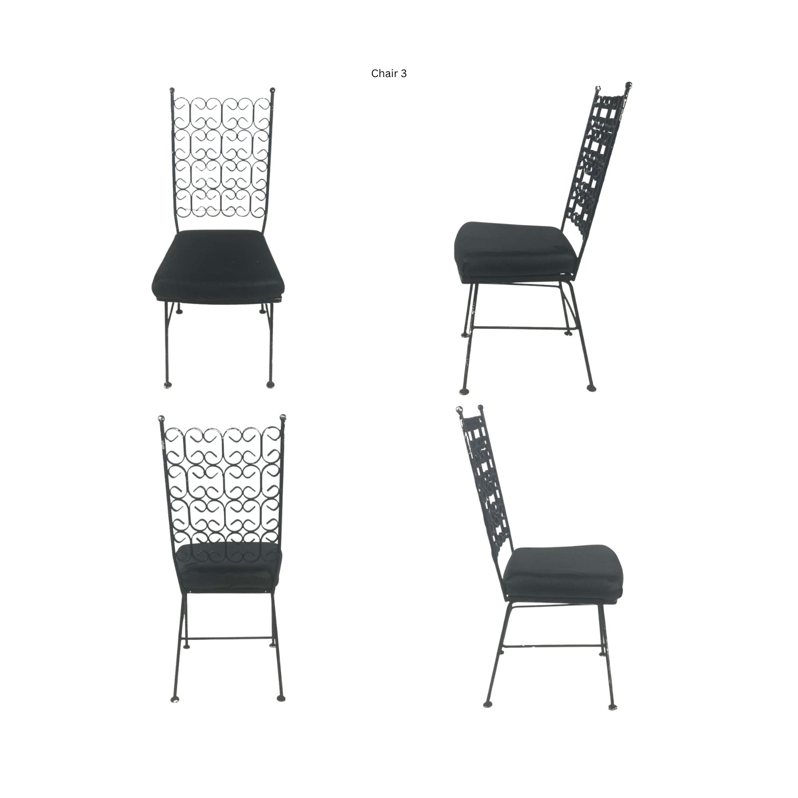 Front view, side and back of a wrought iron chair on a white background