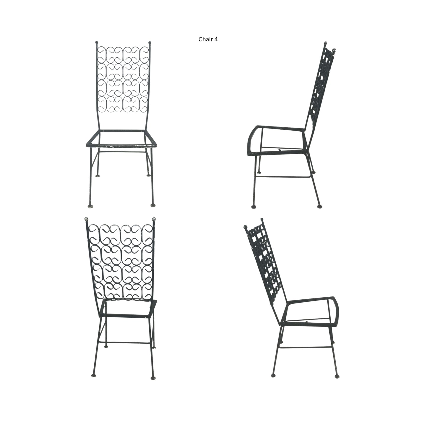 Front view, side and back of a wrought iron chair on a white background