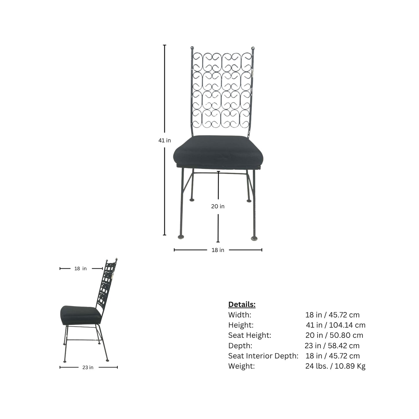 Page of wrought iron chair measurements on a white background