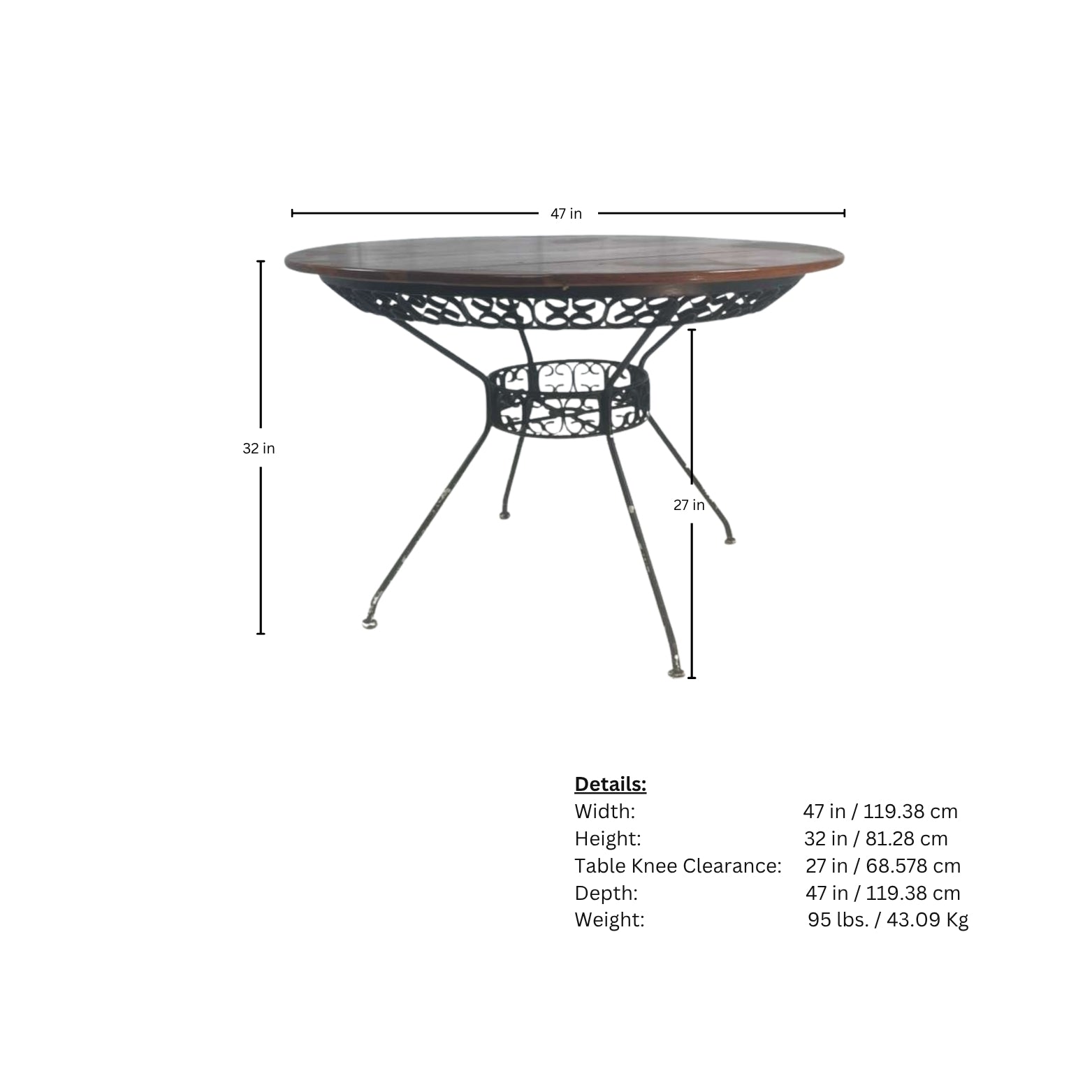 Page of wooden and wrought iron table measurements on a white background