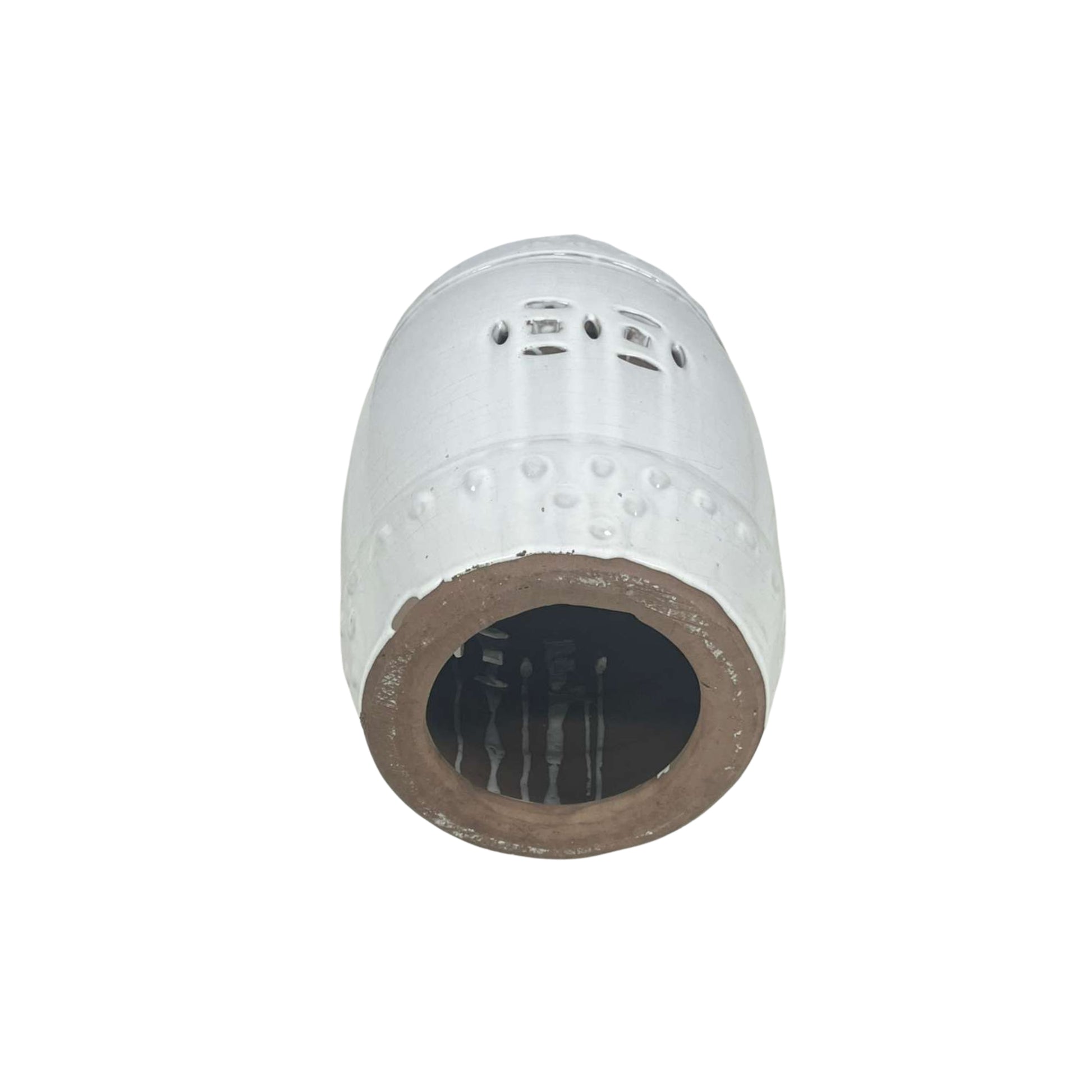 Bottom view of an Oriental White Ceramic Garden Stool on a white background
