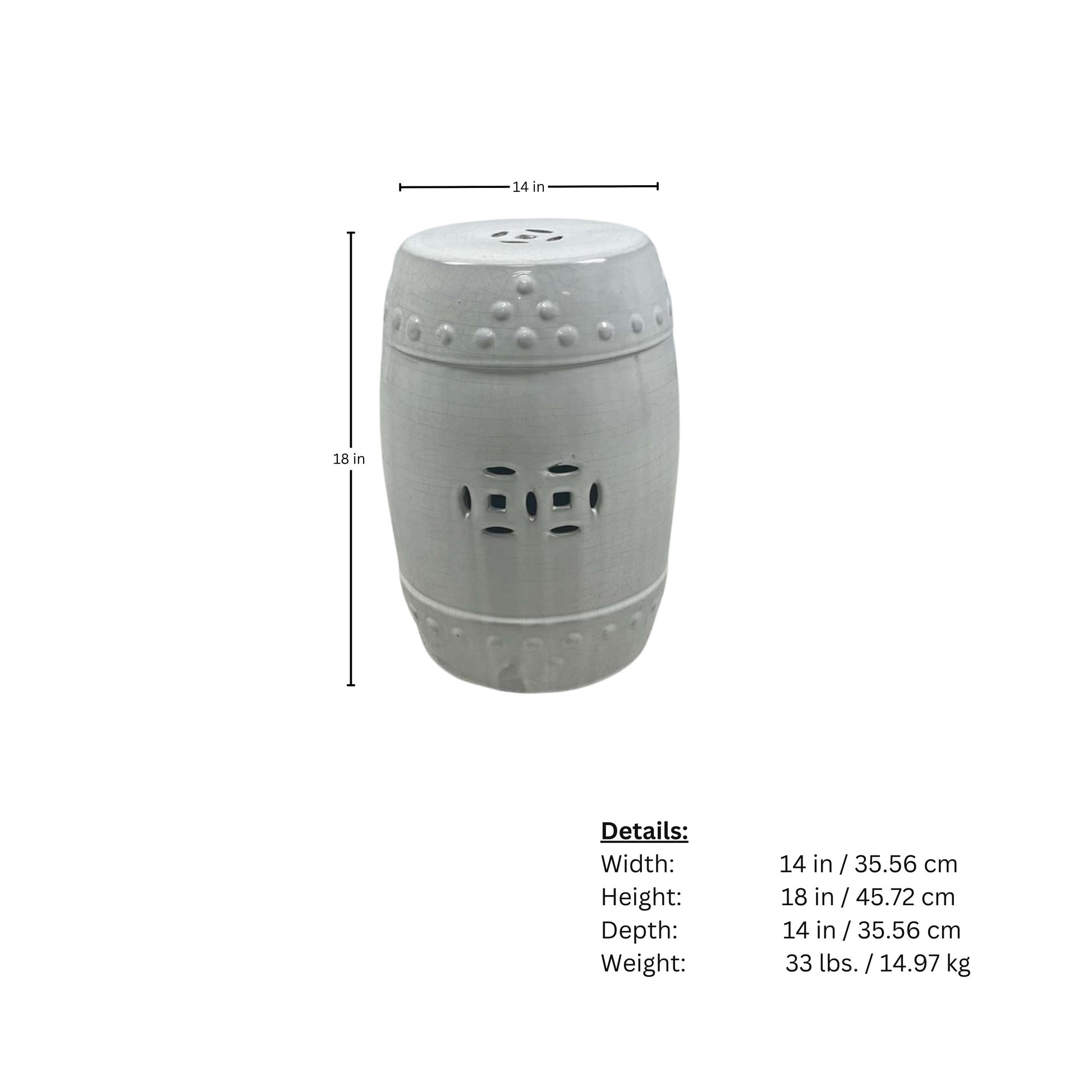 Measurement page of an Oriental White Ceramic Garden Stool on a white background