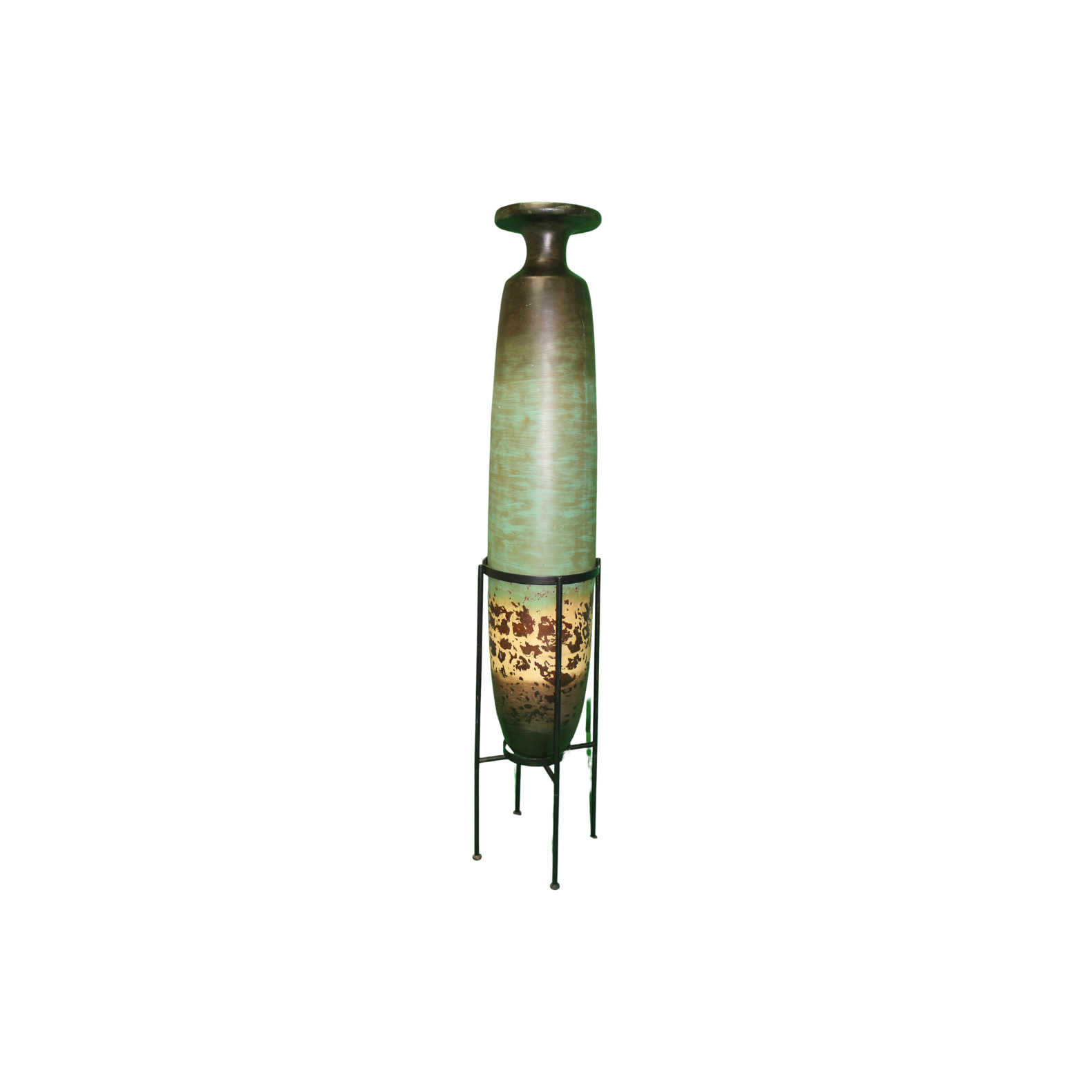 This Large Ceramic Vase in Teal, Brown and Beige comes with an Iron Stand (included at no extra charge).