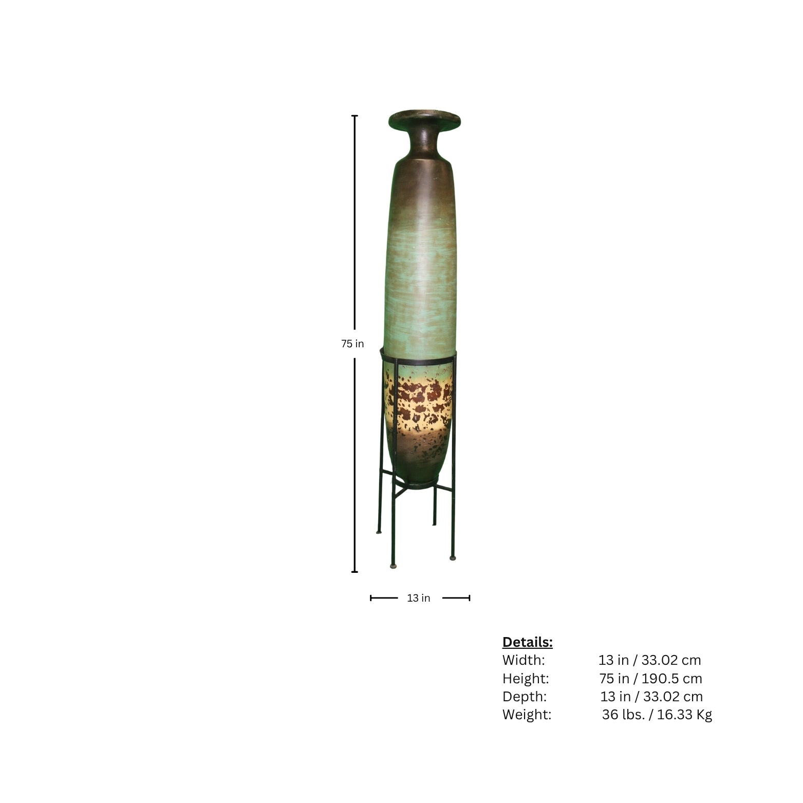 This Large Ceramic Vase in teal, brown and beige comes with an Iron Stand (included at no extra charge).