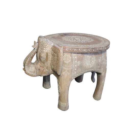 Light wood carved elephant side table/foot stool with boho vibes, perfectly imperfect.