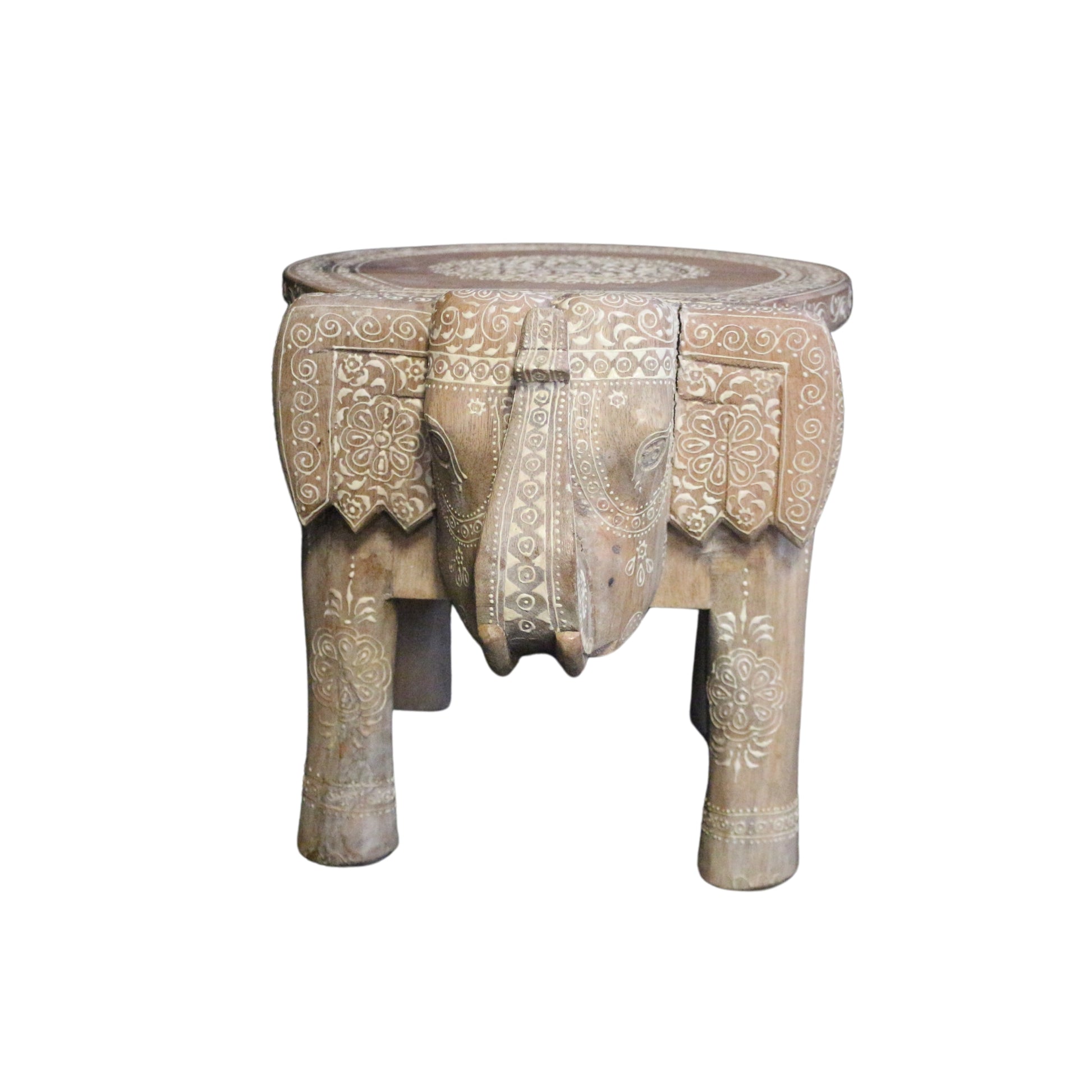 Light wood carved elephant side table/foot stool with boho vibes, perfectly imperfect.