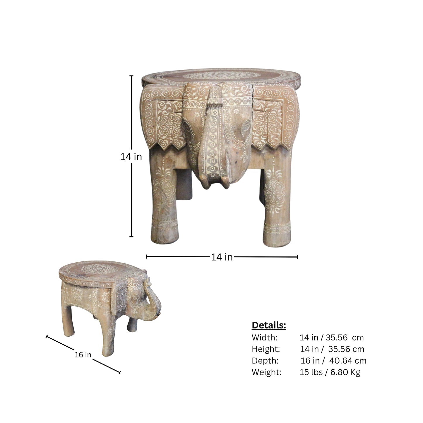 page of side table/stool measurements for carved elephant feet in light wood with bohemian vibes, perfectly imperfect.