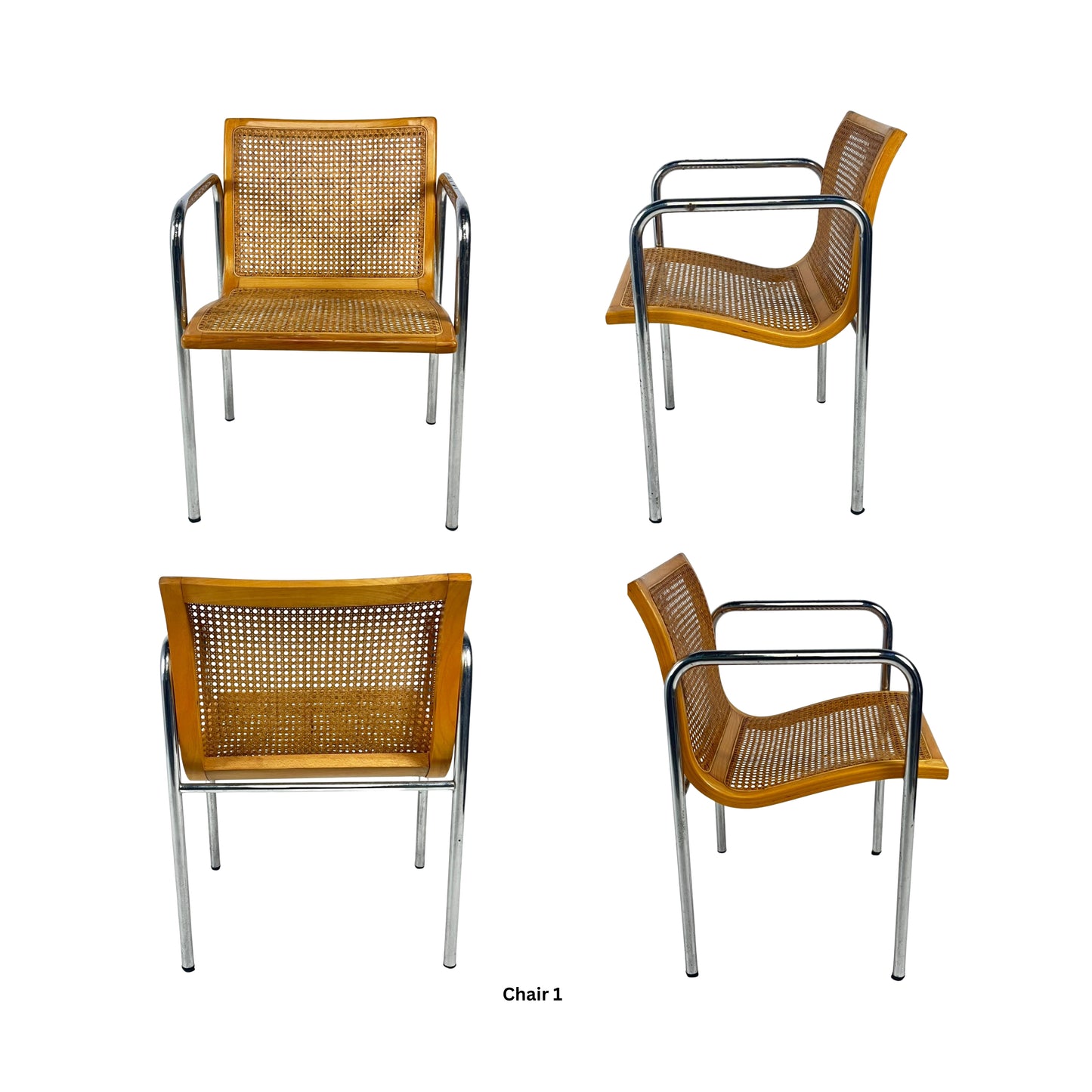 Front, side and back view of a chair in natural wood color and cesca with metal structures on a white background