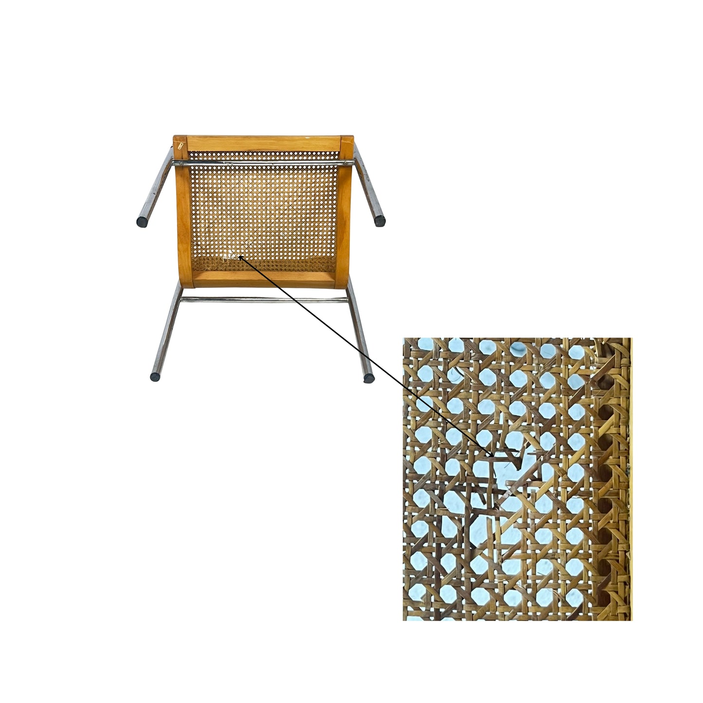 Detail of the break that the chair presents in natural wood color and leather with metal structures on a white background