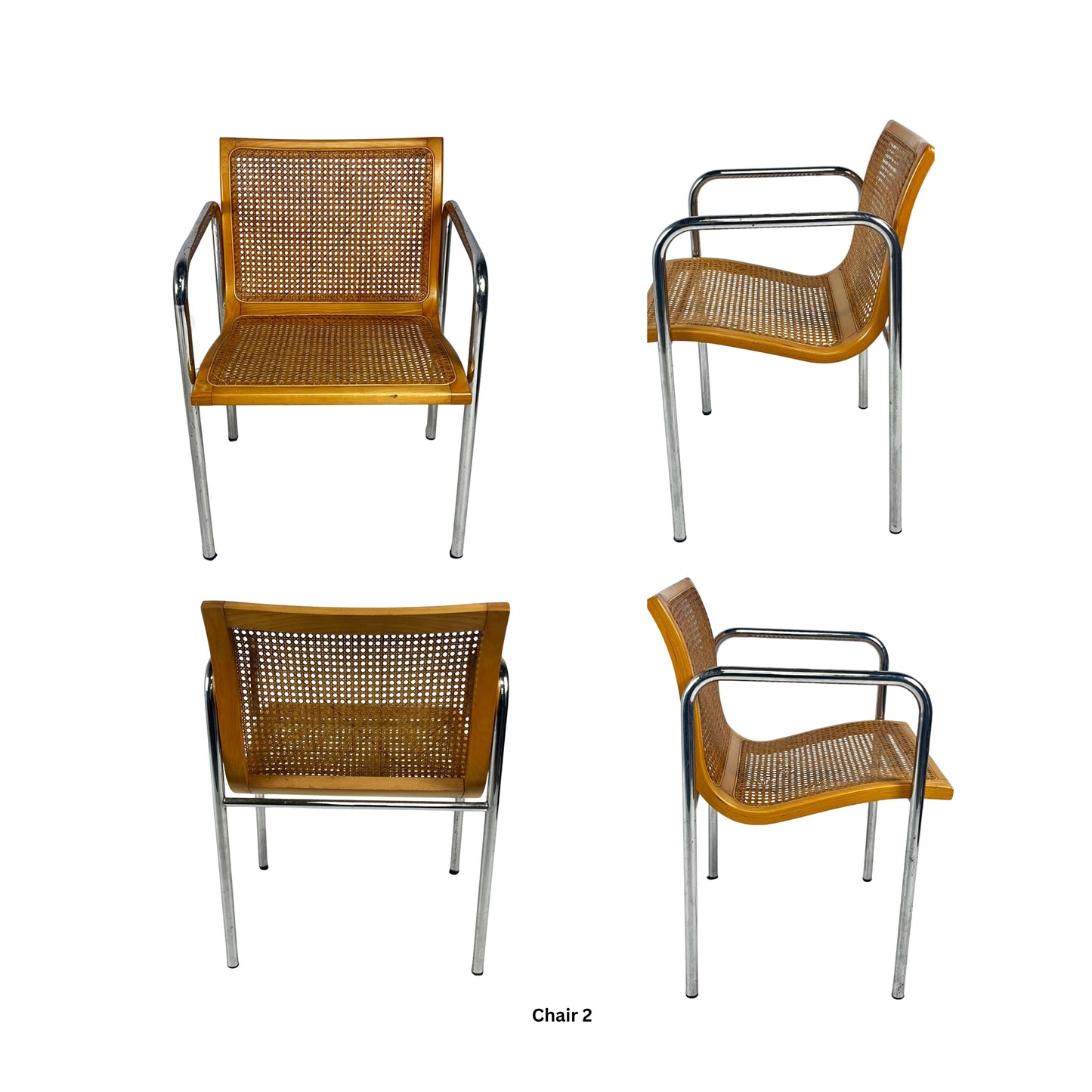 Front, side and back view of a chair in natural wood color and cesca with metal structures on a white background