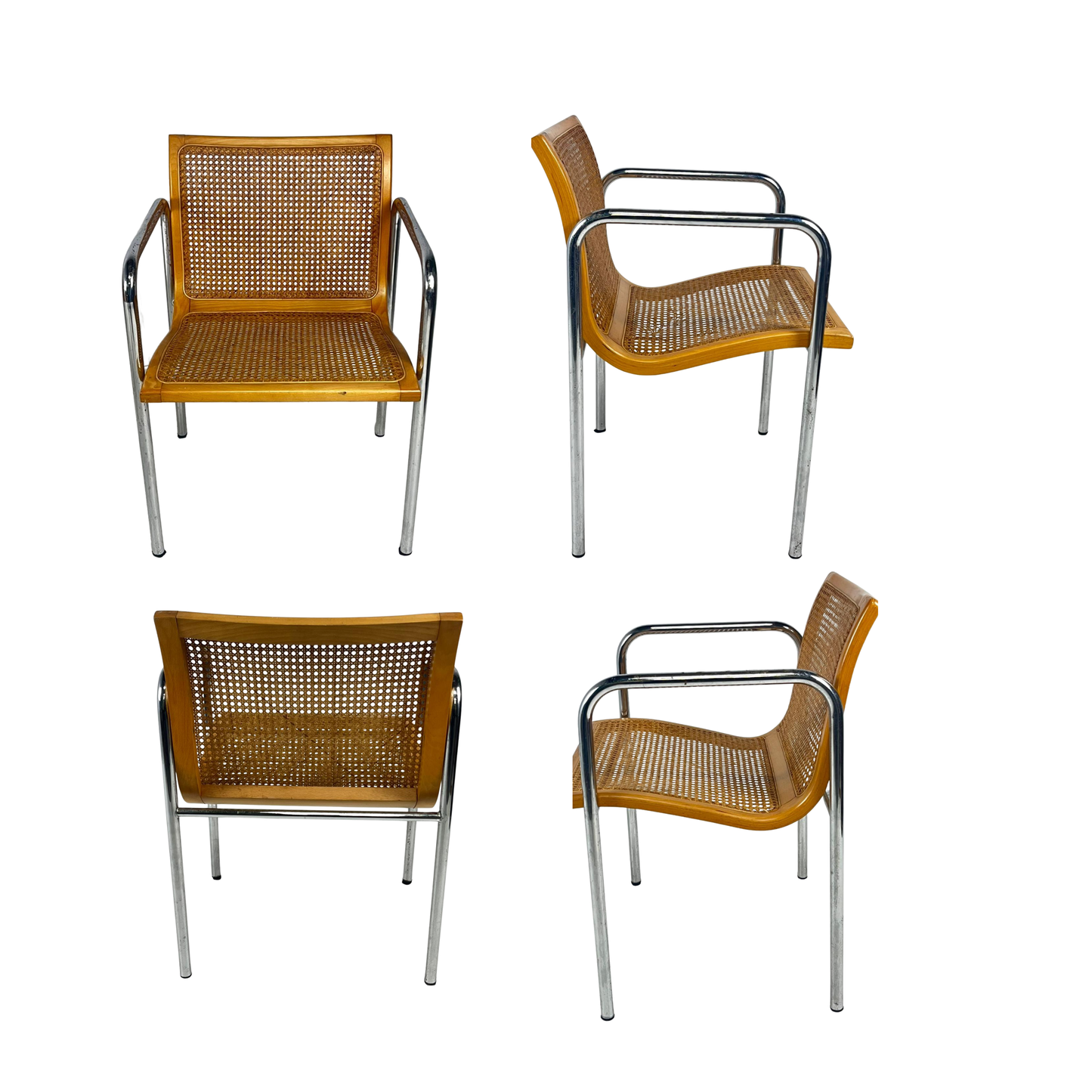 Italian MCM Curved Cane & Chrome Chairs Set of (4)