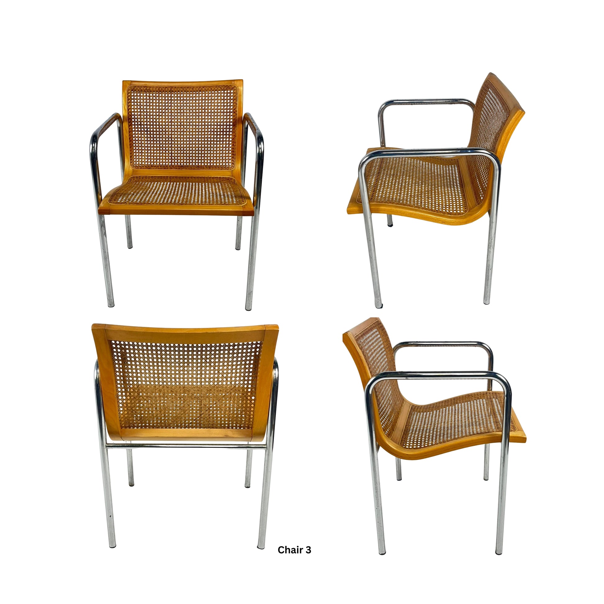 Front, side and back view of a chair in natural wood color and cesca with metal structures on a white background