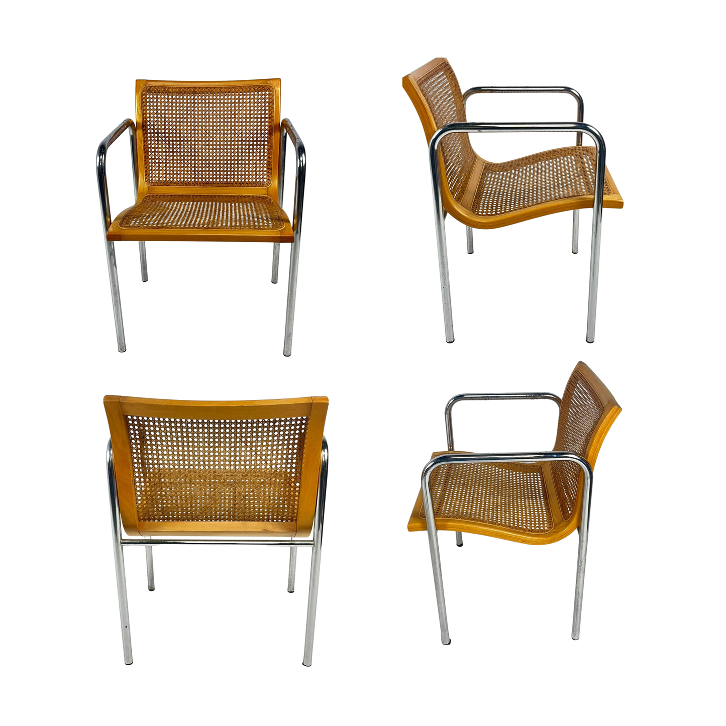 Italian MCM Curved Cane & Chrome Chairs Set of (4)