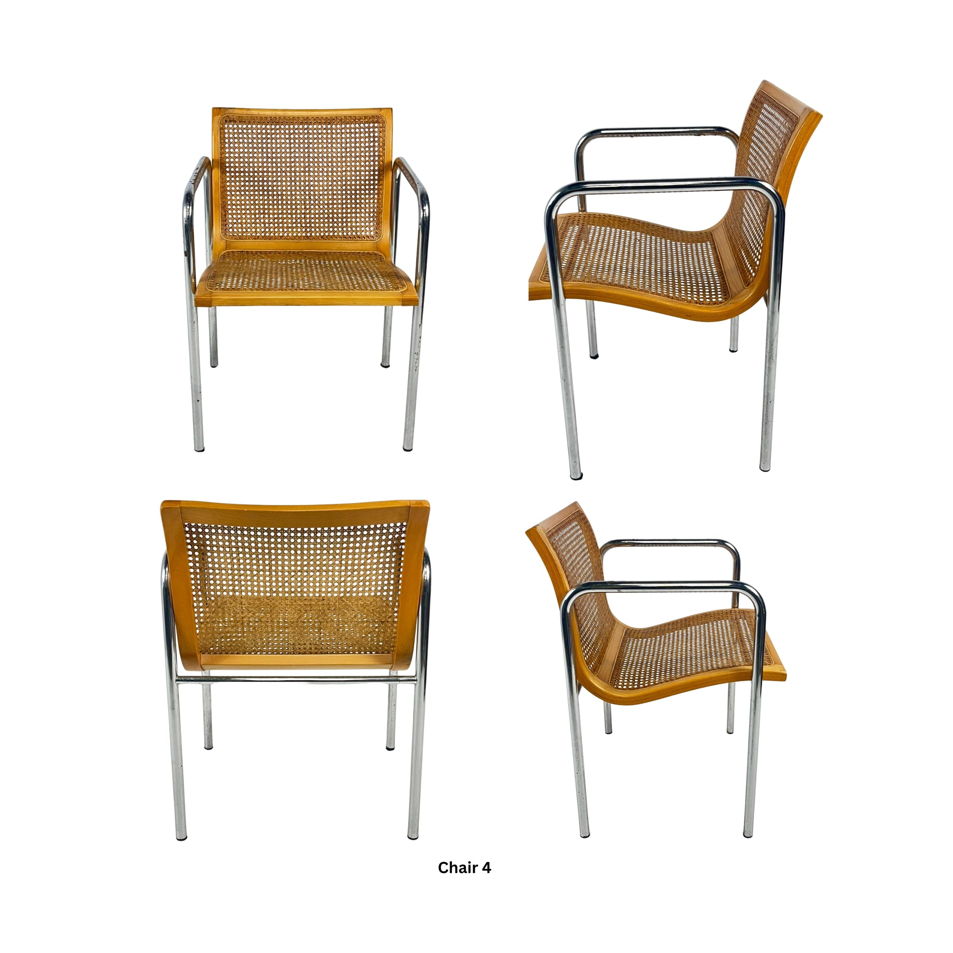 Front, side and back view of a chair in natural wood color and leather with metal structures on a white background