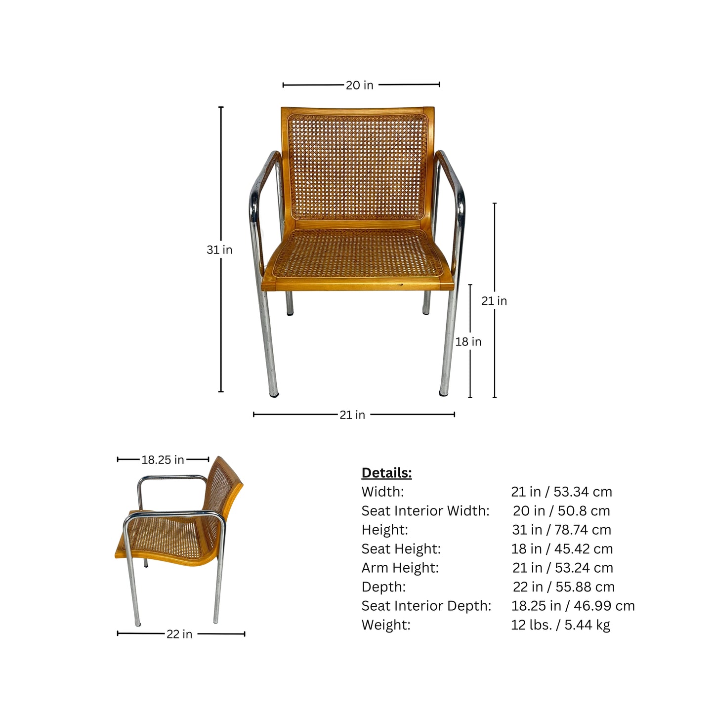 Page of measurements of a chair in natural wood color and cesca with metal structures on a white background
