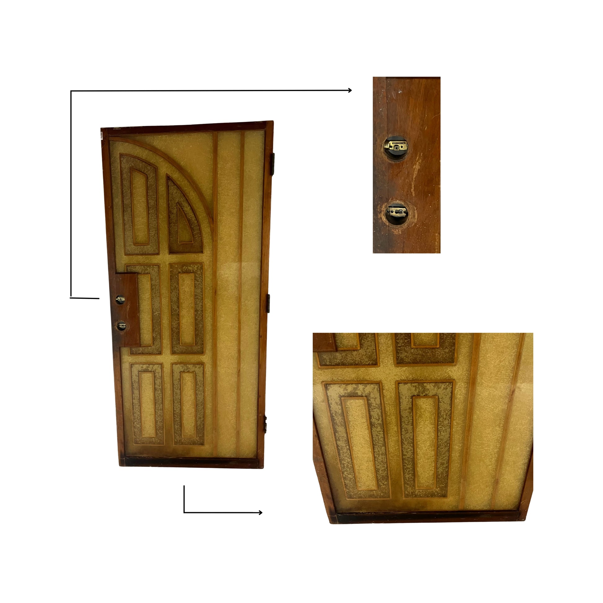 Detail view showing a vintage door rescued from resin and wood