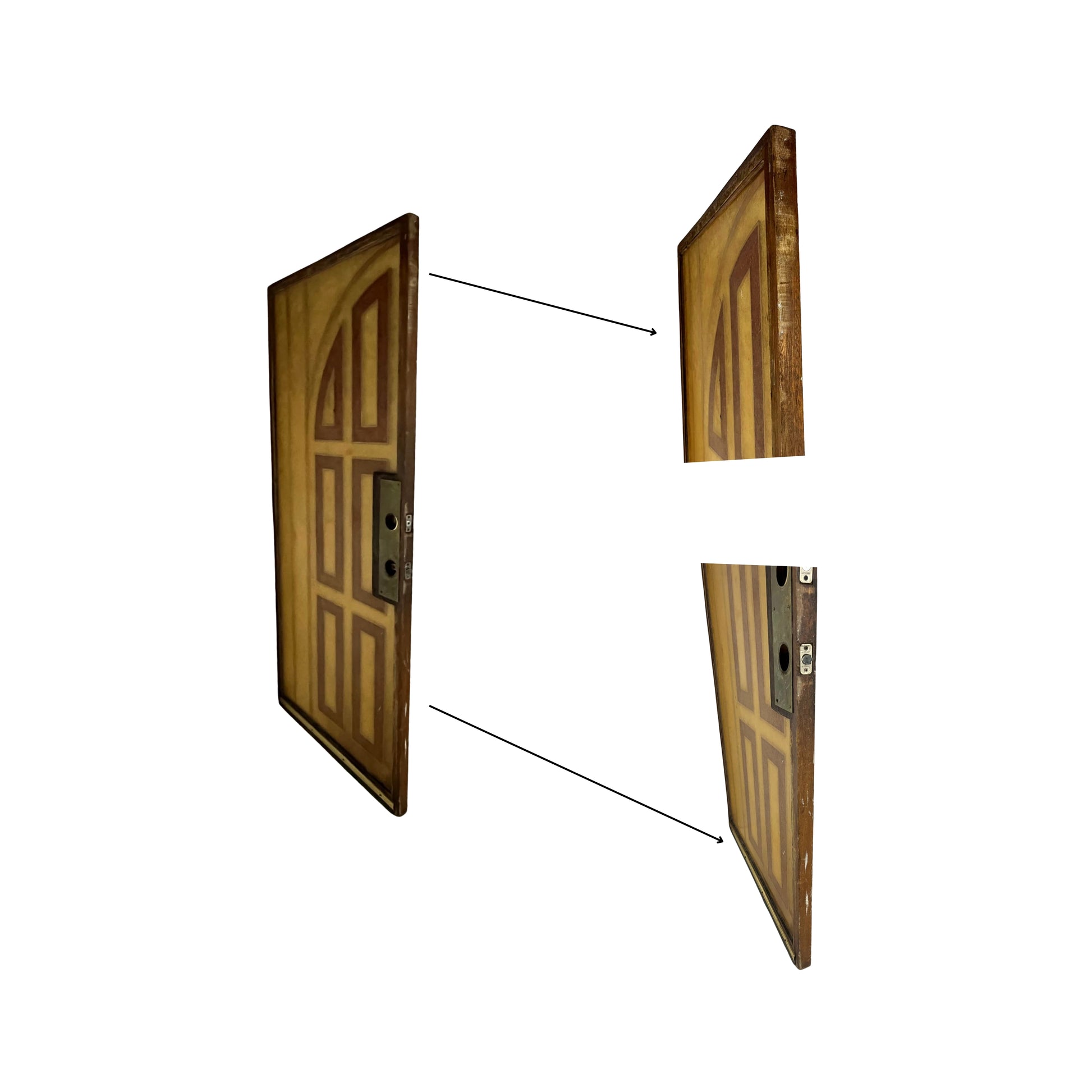 Detail view showing a vintage door rescued from resin and wood