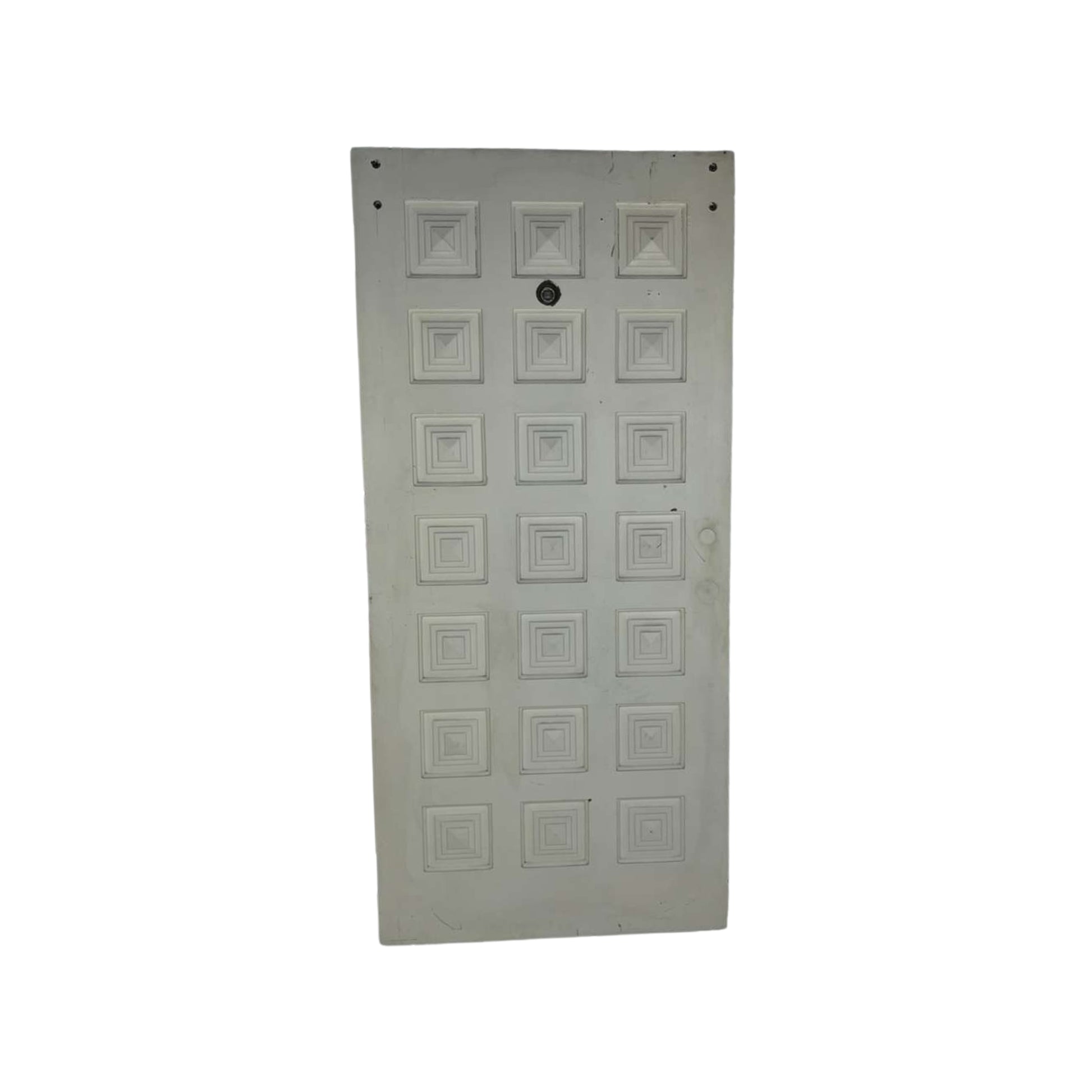 View from the inside of a solid wood mid-century door on a white background